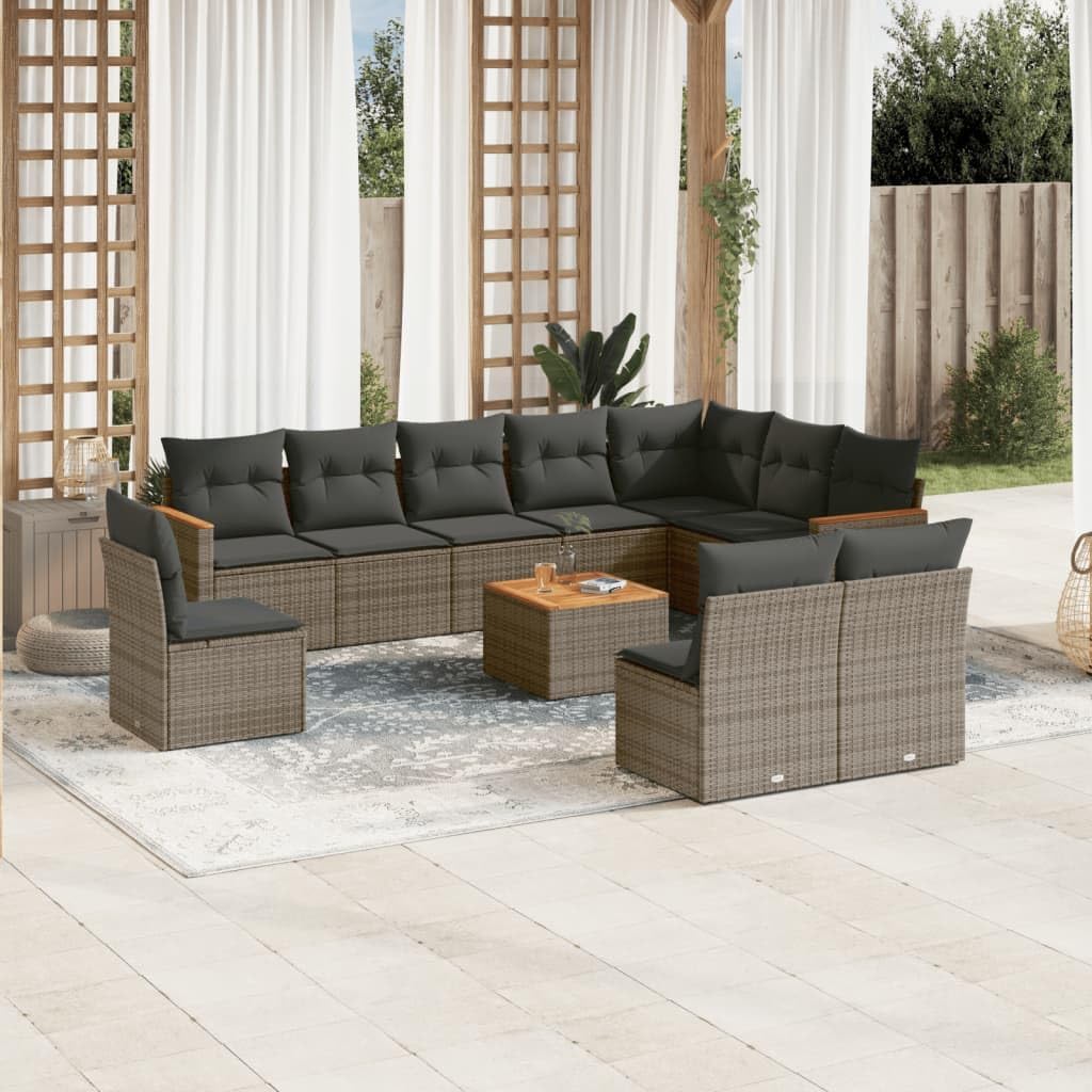 Garden Sofa Set Gray, 11 Piece Synthetic Poly Rattan Outdoor Patio Furniture, Modular Design with Storage, Weather-Resistant Cushions for 11 People