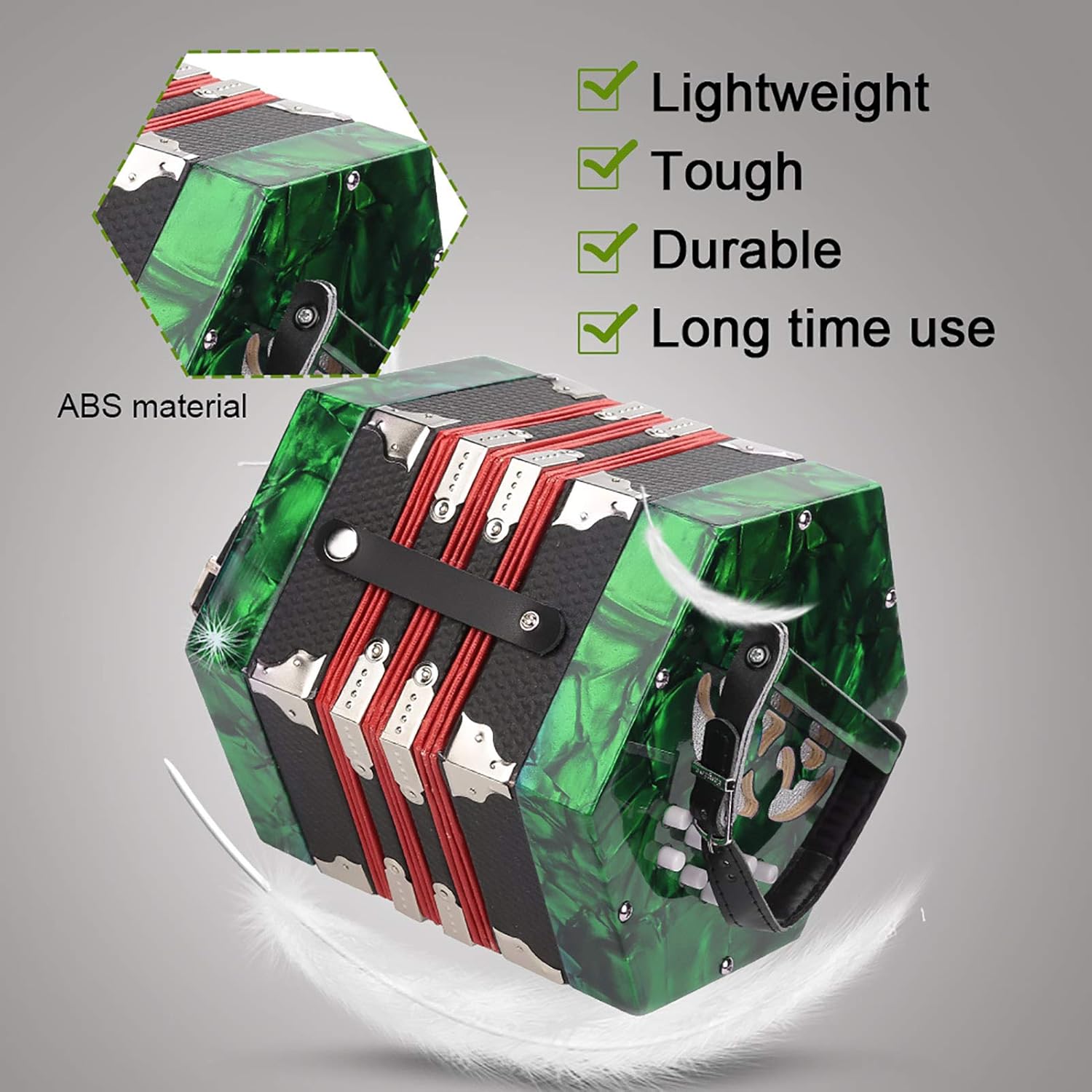 Accordion Concertina 20 Buttons, for Adults ABS Material Buttons Accordion Musical Accessories with Adjustable Straps and Bag 20.5 X 23.5 Cm (Green)