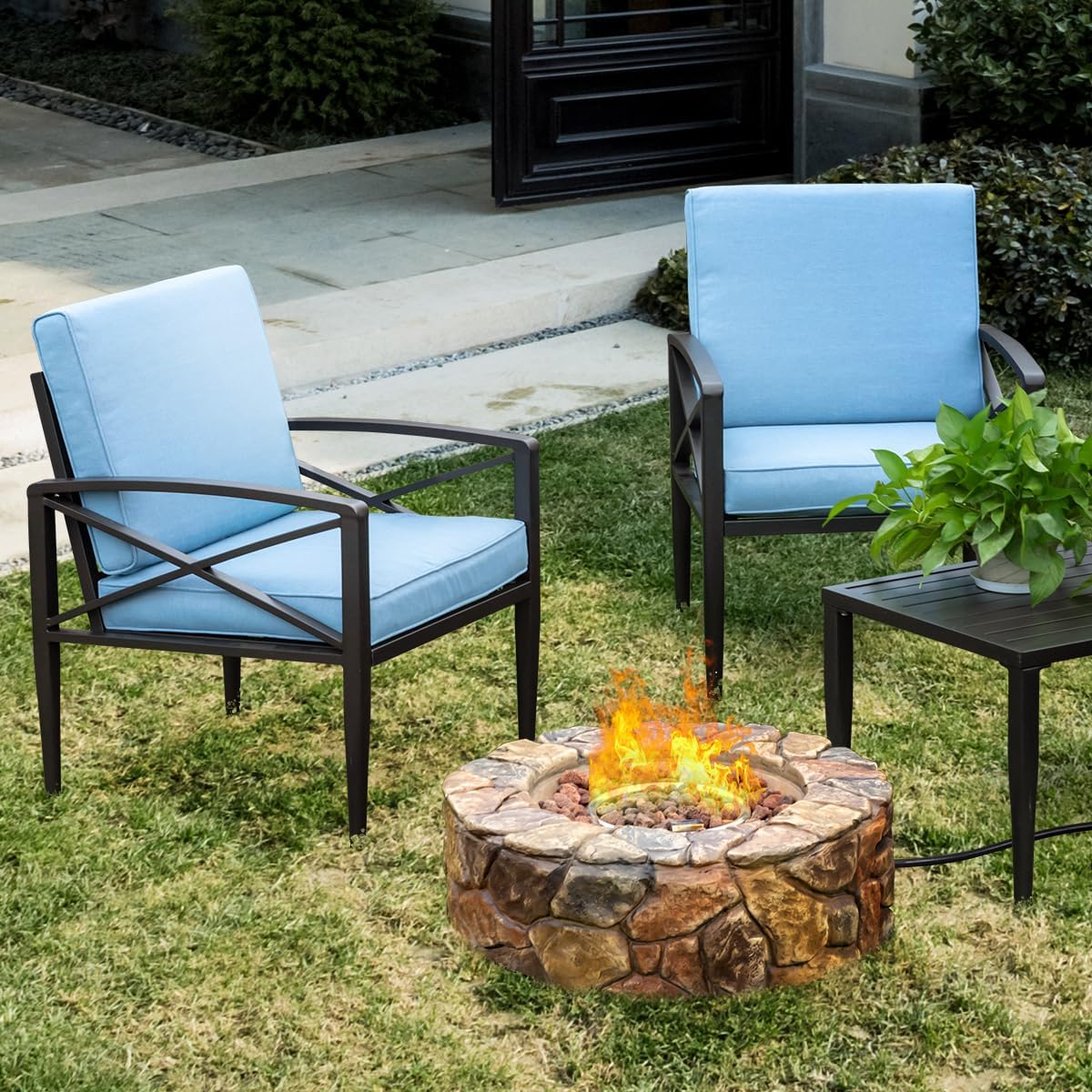 COSTWAY 28-Inch Gas Fire Pit 40,000 BTU Propane Fire Pit Outdoor with Natural Stone, Cover, Stainless-Steel Gas Burner w/Electronic Ignition Lava Rock, ETL Certification, Brown