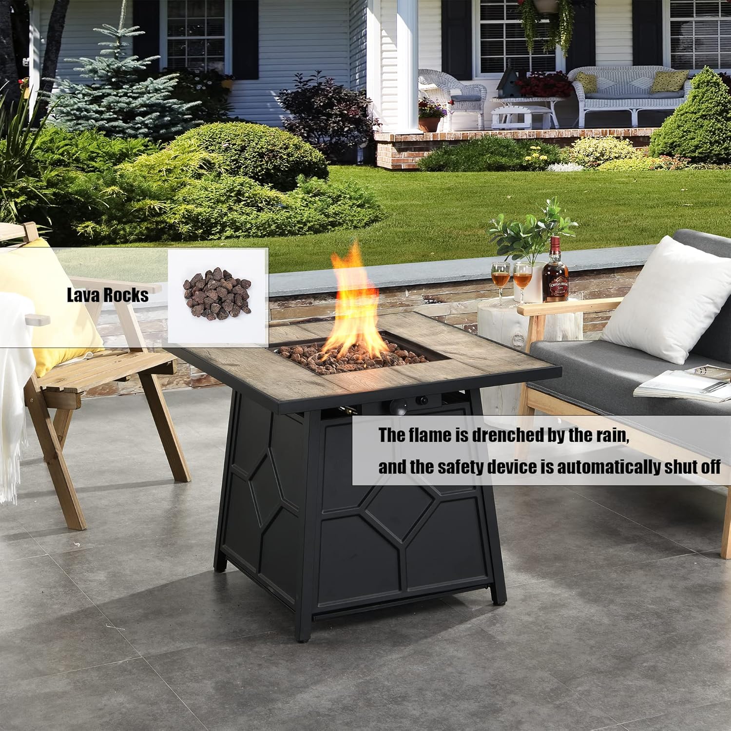 28 Inch Square Firepit for Outside Patio, 40,000 BTU Auto Lgnition Fire Tables with Waterproof Cover and Lava Rock, All Weather Protection for Propane Fire Pit Table (Grey)