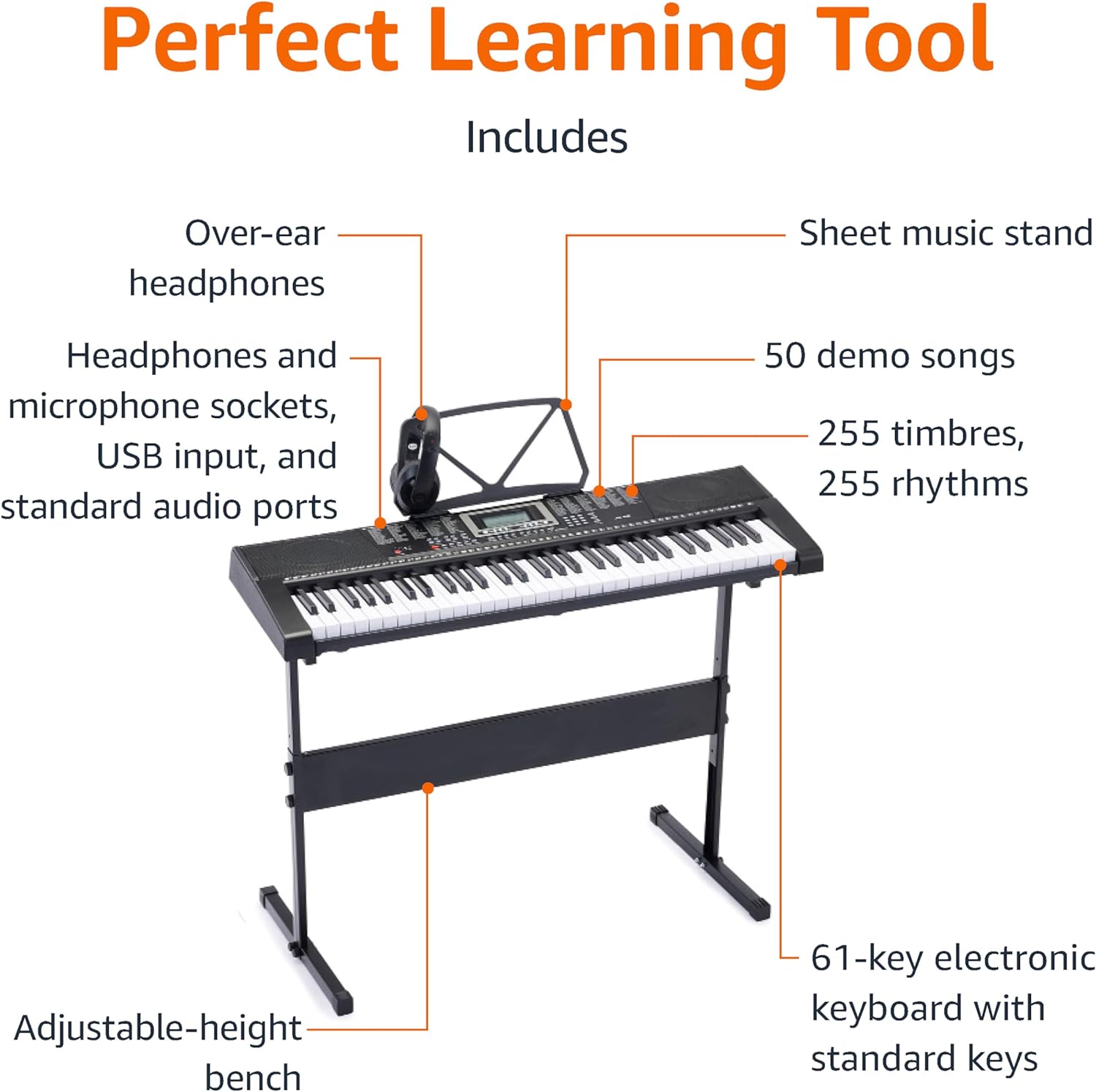 Amazon Basics Electric Keyboard Piano with 61 Keys, Built-in Speakers, Songs for Learning, Black