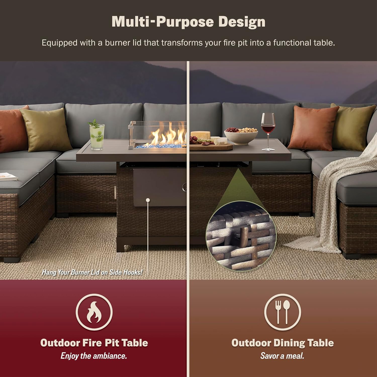 Kinger Home Novi Rattan 52-Inch Propane Gas Fire Pit Table with Rectangular Aluminum Frame, 50,000 BTU Outdoor Patio Firepit, Includes Wind Guard and Fire Glass, Brown