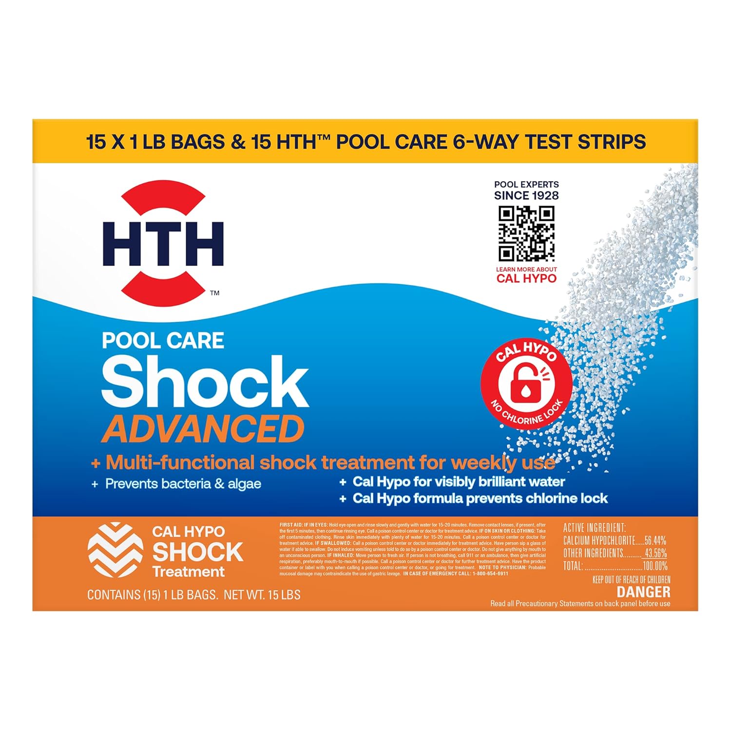 HTH 52044 Swimming Pool Shock Advanced and Test Strips, 1lb (Pack of 15)