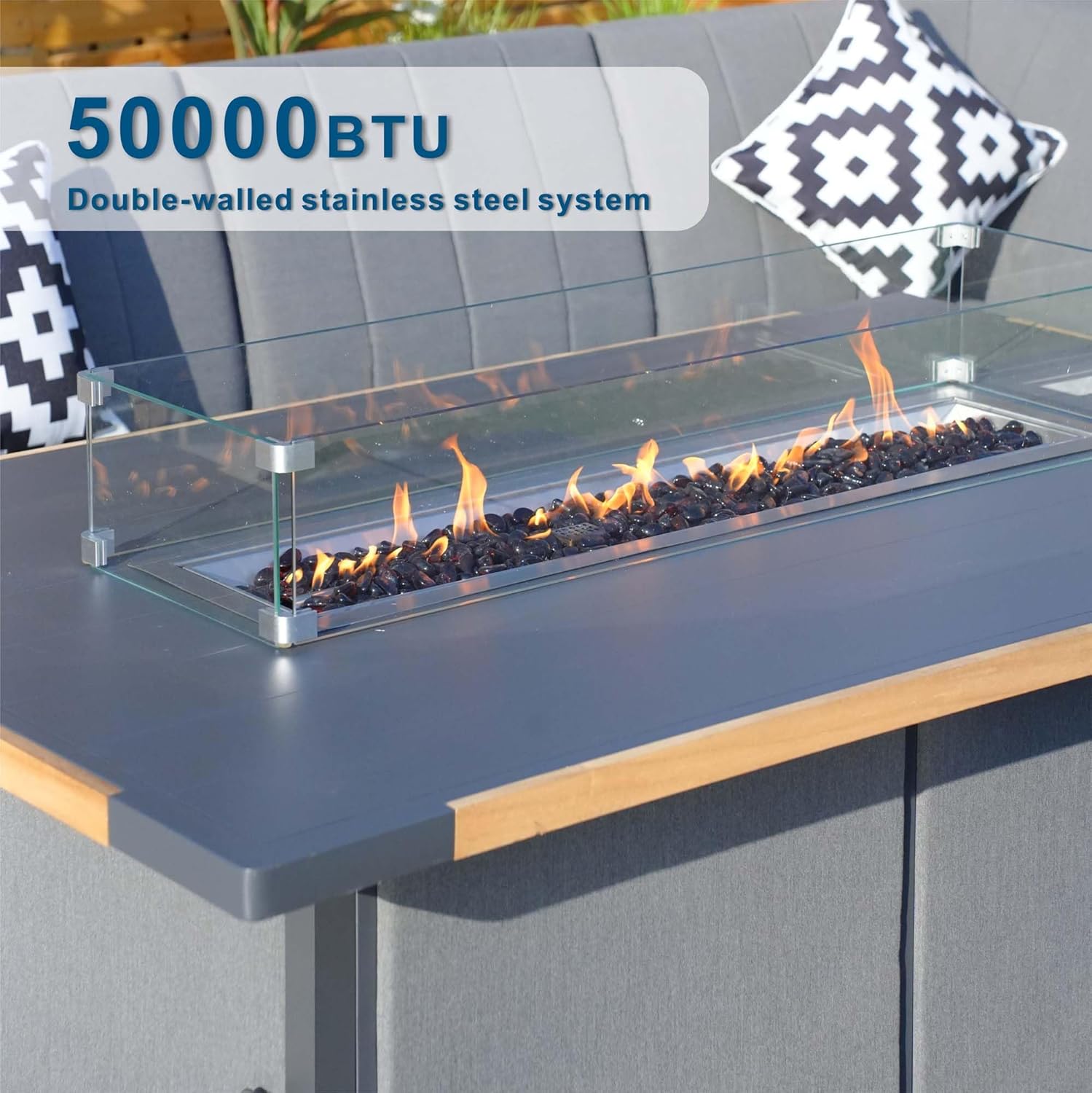 Outdoor Fire Pit Table with Glass Wind Guard, 63x39 inch Aluminum Table Top, Double-Walled Stainless Steel Burner, Weather Resistant