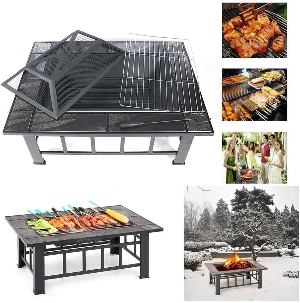 Garden Fire Pit Grill Bowl Grill Barbecue Rack Outdoor Fire Pit, Metal Fire Pit with Spark Screen Guard, Charcoal Rack, Poker, for Camping, Outdoor Heating,Outdoor Fire Pits