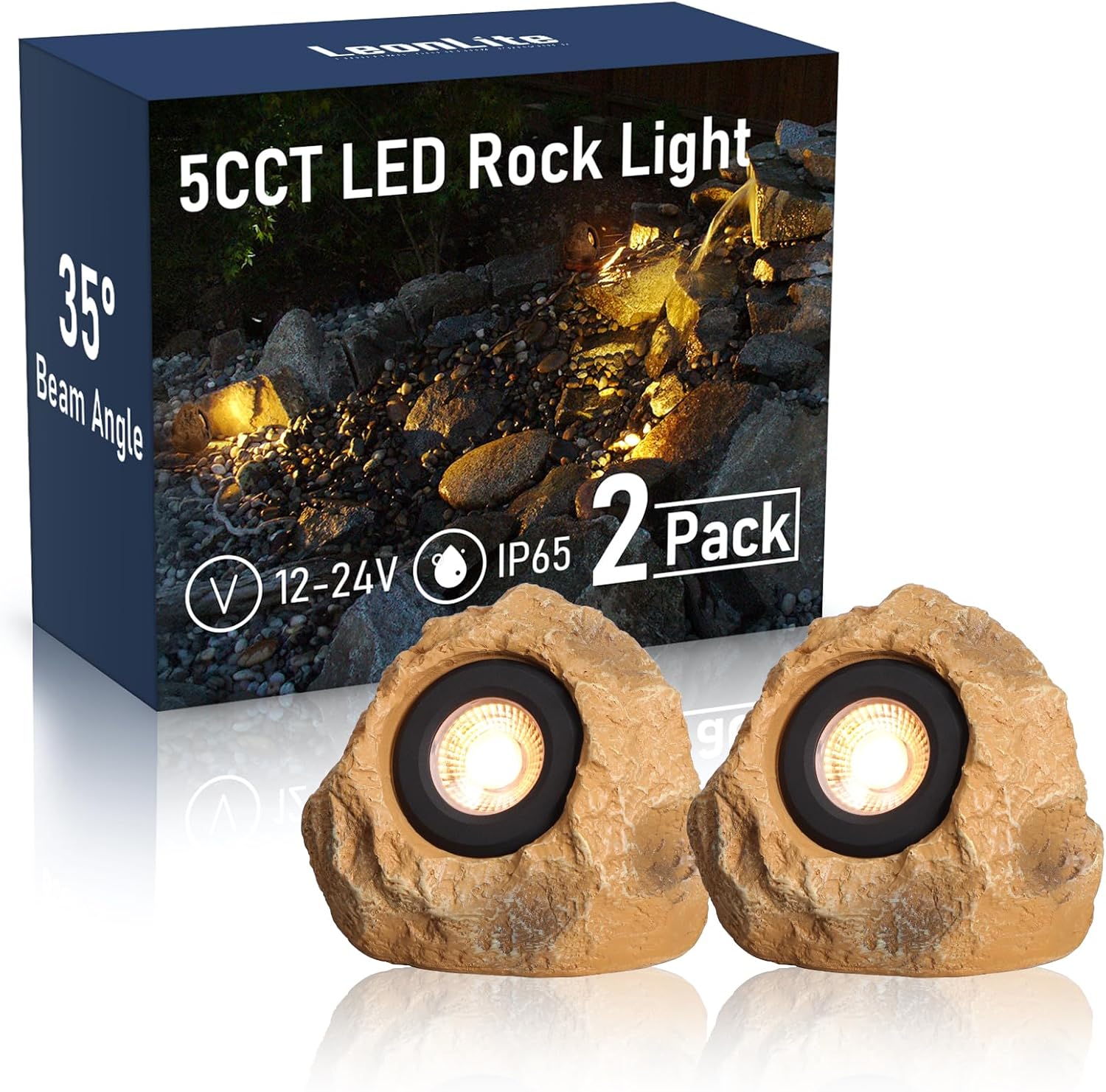 LEONLITE 5CCT LED Rock Lights Outdoor, 5W Low Voltage Landscape Spot Light for Garden, Yard, Decorative Stone Light, 12-24V AC/DC, CRI90, 200lm, IP65 Waterproof, Triangle, Yellow, Pack of 2