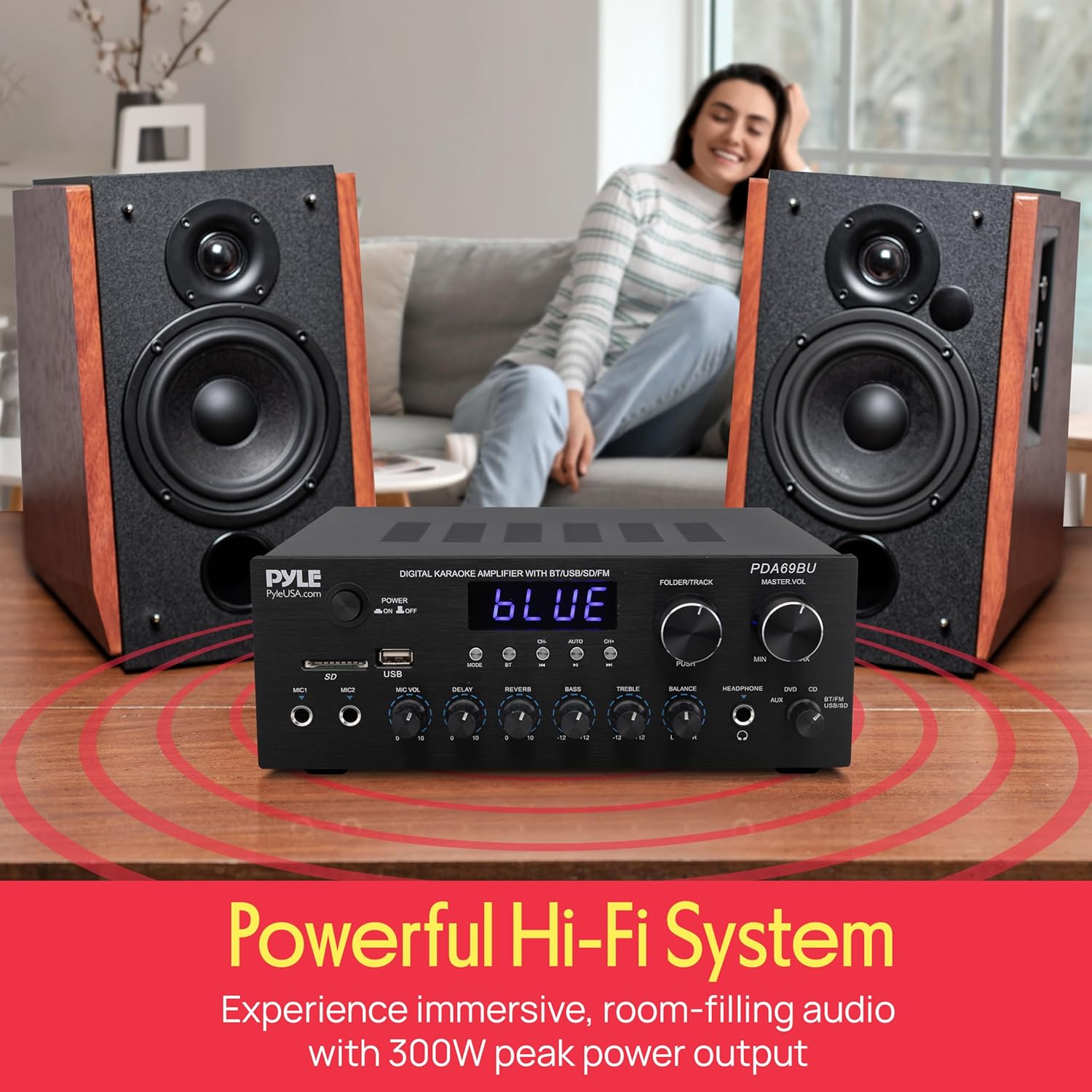 Pyle Stereo Amplifier Audio Receiver with Bluetooth Streaming, 200 Watt Peak, 2.0 Channel HiFi Sound System with MP3/USB/SD/FM Radio, RCA/Aux Inputs, Mic and Headphone Jacks, Rotary Vol Bass Treble