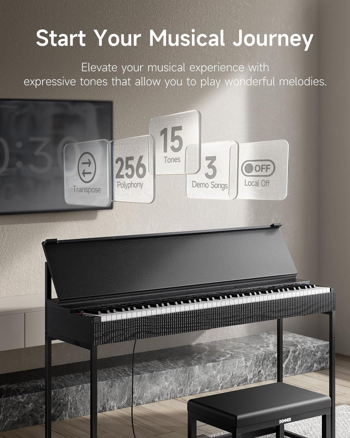 Donner OURA S300 Digital Piano 88 Key Weighted Keyboard for Advanced, Electric Piano with 88 Keys Graded Hammer Standard Keyborad, Boasts Bluetooth, Local Off, 2*15 W, Half-pedal, 256 Polyphony, Black