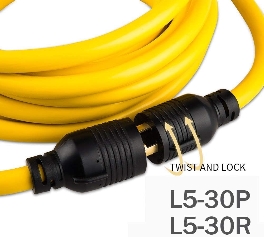 50FT Heavy Duty 3 Prong Generator Locking Power Cord NEMA L5-30P/L5-30R,10 Gauge SJTW Cable, 125V 30Amp Yellow Generator Lock Extension Cord with UL Listed…