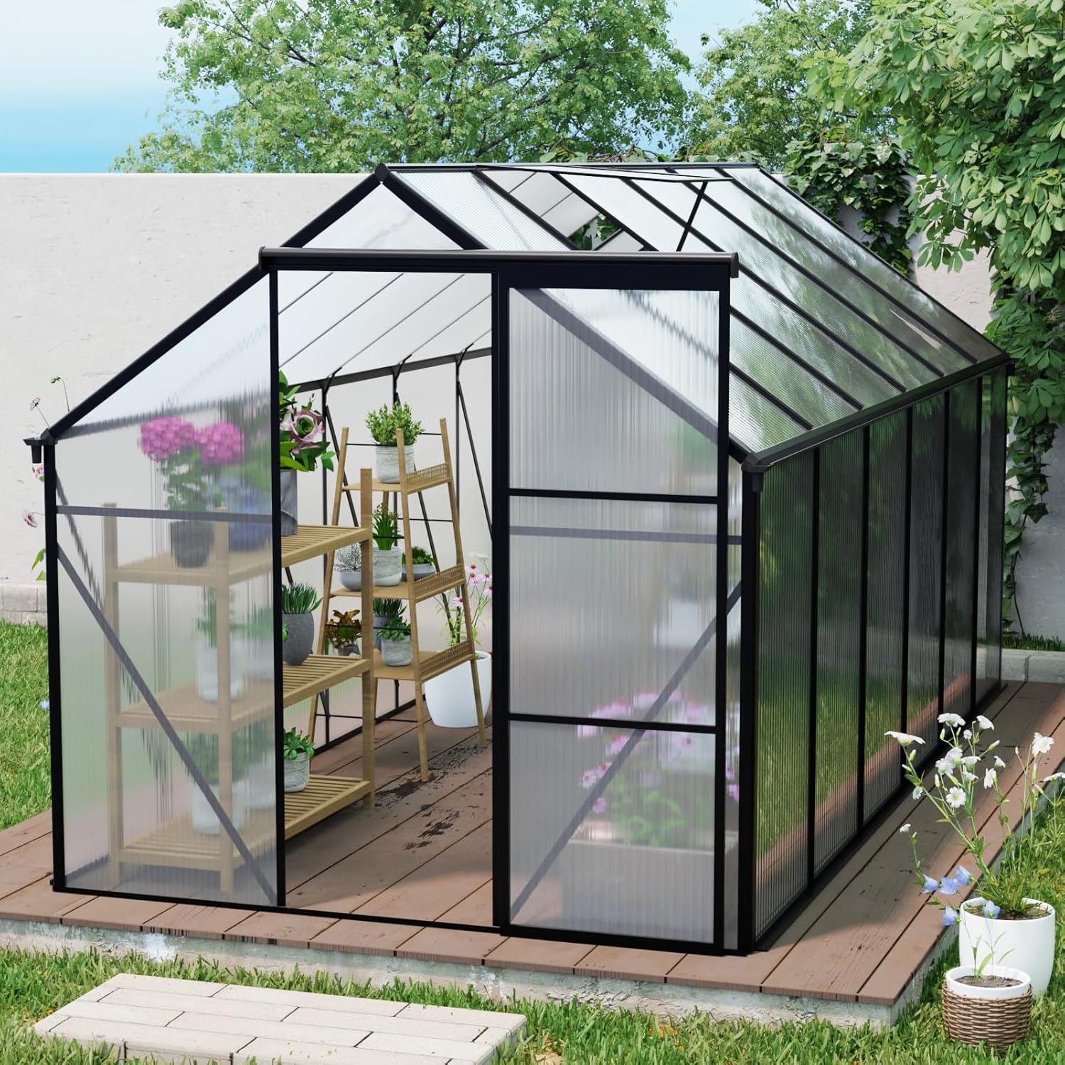 6x12 FT Greenhouse, Heavy-Duty Polycarbonate Aluminum Green House Kit with Door and Adjustable Roof Vent, Walk-in Greenhouse for Outdoors, Garden, Lawn, Backyard, Black