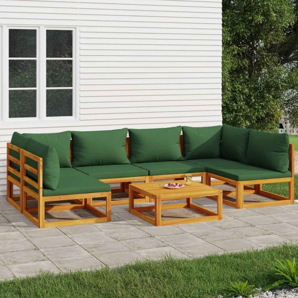 7 Piece Patio Lounge Set with Green Cushions Solid Wood Garden Furniture