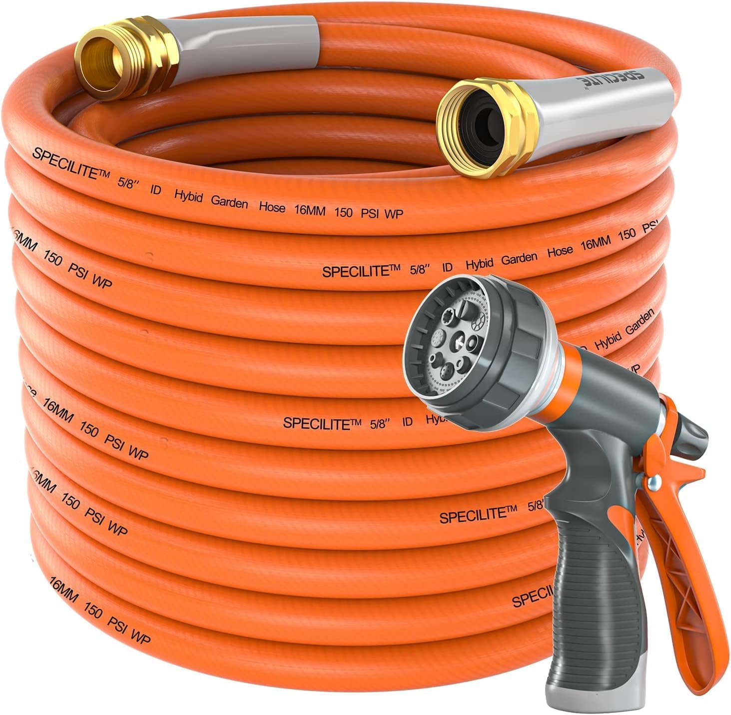 SPECILITE Garden Water Hose 200 ft x 5/8 in Heavy Duty, Flexible and Lightweight, Burst 600 psi, Kink-less Hybrid Rubber Pipe for Backyard, 3/4'' Brass Fittings, Orange
