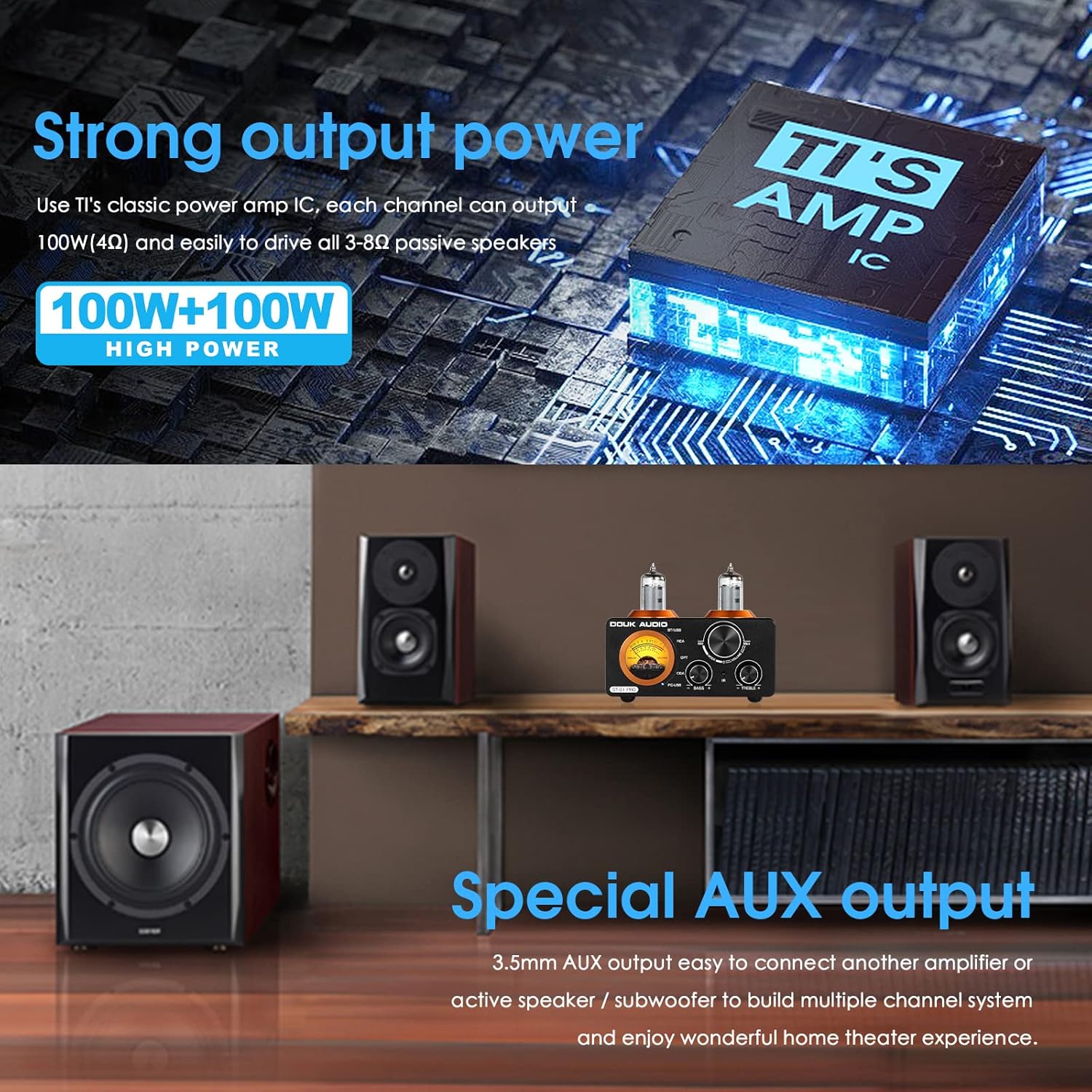 Douk Audio ST-01 PRO 200W Bluetooth Amplifier, 2 Channel Vacuum Tube Power Amp with USB DAC/Coaxial Optical Inputs/VU Meter/Treble Bass Control for Home Theater/Stereo Speakers (Upgrade Version)