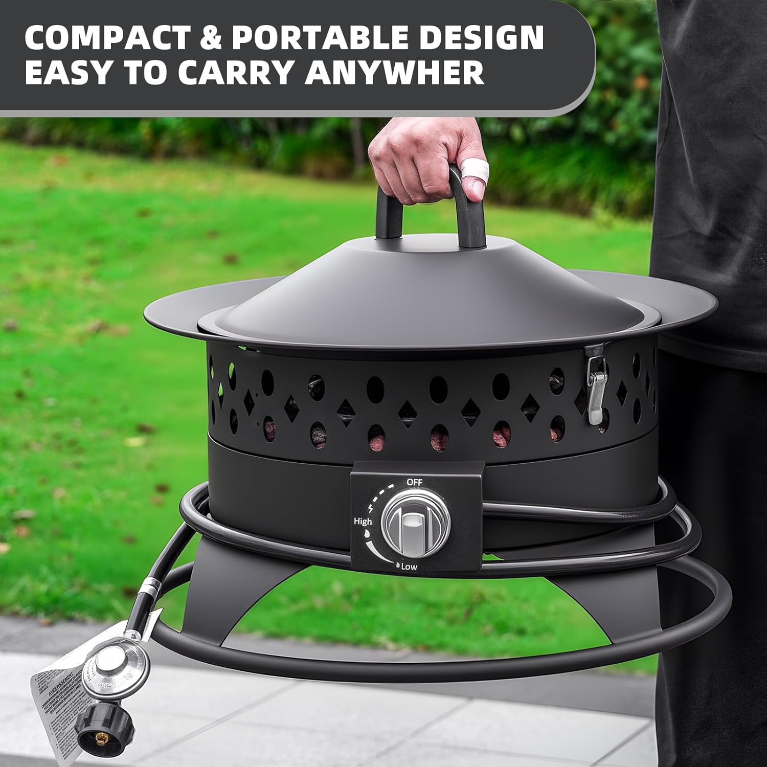 Breezz 20 Inch Propane Fire Pit with Grill, 60000 BTU Smokeless Gas Firepit for Outside Patio,with Foldable Cooking Grate & 7 lbs Lava Rocks, Adjustable Flame, Outdoor Camping BBQ