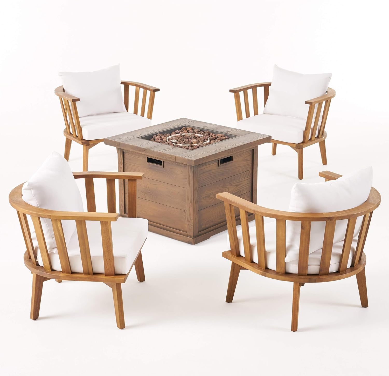 GDFStudio Noble House Walson 5 Piece Outdoor Fire Pit Wood Conversation Set in Teak