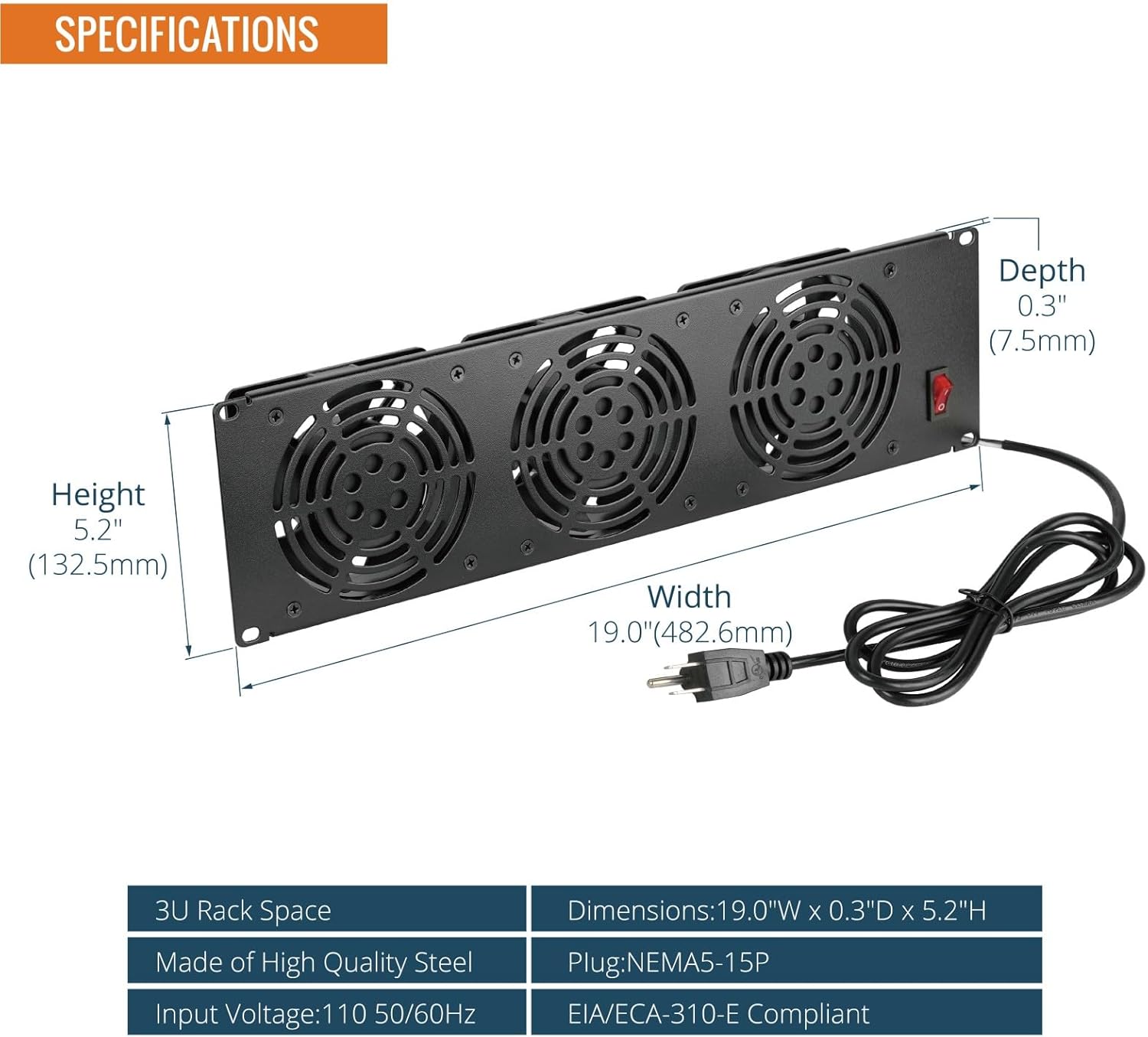 Tecmojo 3U Rack Mount Fan Panel, 3 Fans Cabinet Cooling Fans, 19in 6ft Cord Server Cooling System for Audio Rack and AV Cabinet in Office, Theater(Vertical Assemble)