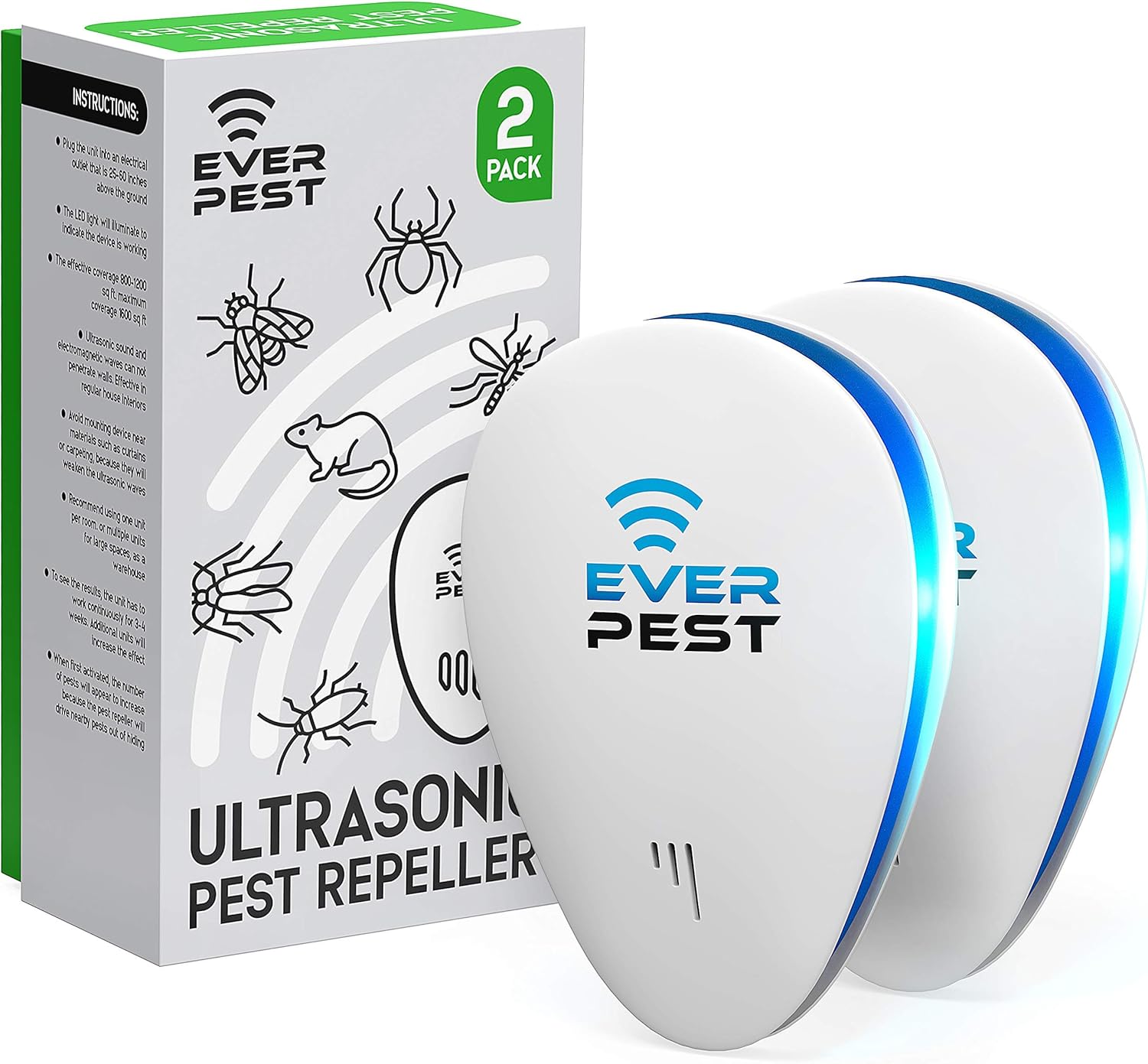 Ultrasonic Pest Control Repeller - 2 Pack Repel Rodents, Ants, Cockroaches, Bed Bugs, Mosquitos, Fruit Flies, Spiders & Bats Cricket Flea Moth Roach Scorpion Squirrel Rat Ultrasound Repellant Plug