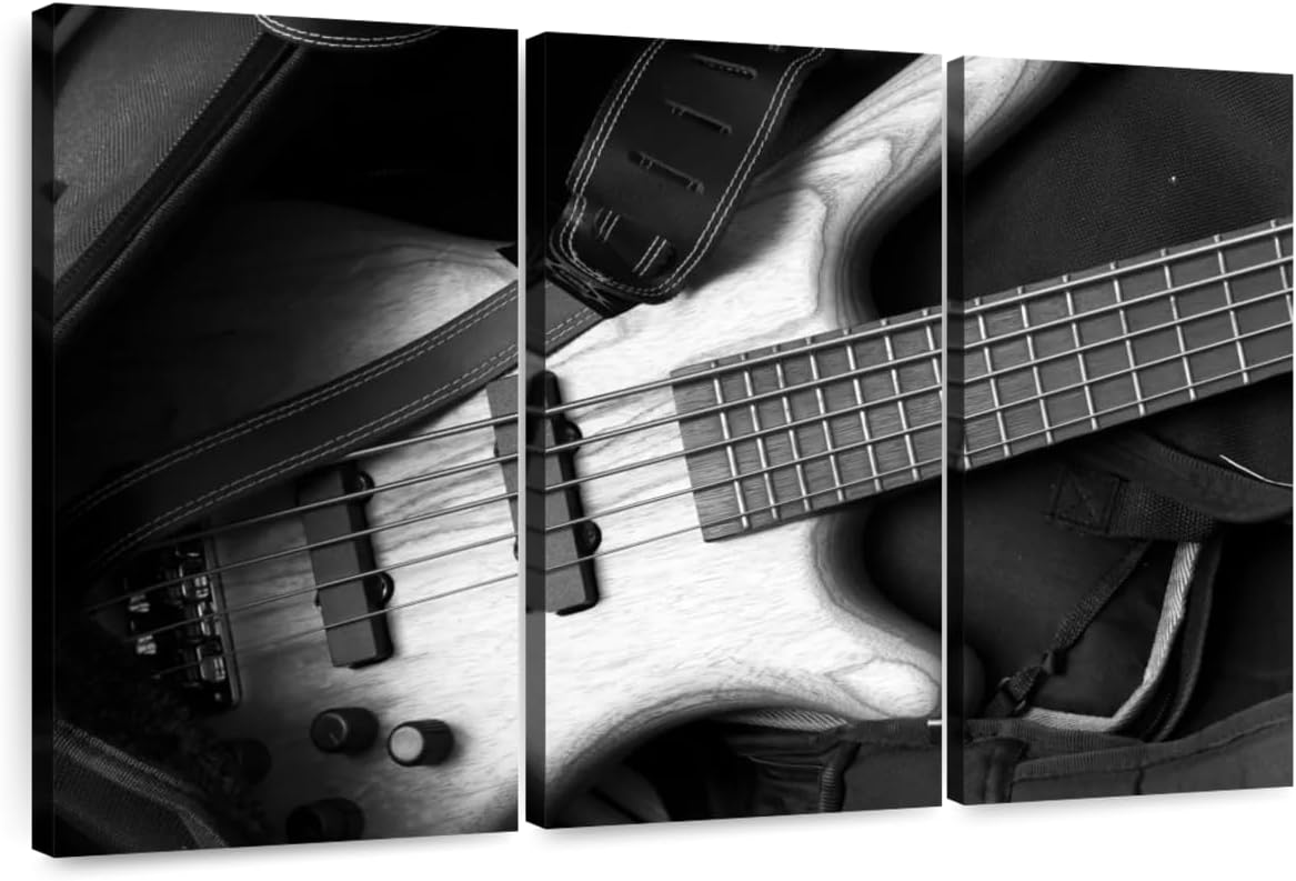 ElephantStock - Monochromatic Bass Guitar Wall Art - Horizontal Multi Panel Canvas - 3 Piece Living Room Wall Decor - Photography Music Multi Piece Wall Art - Black And Gray Decor - 74
