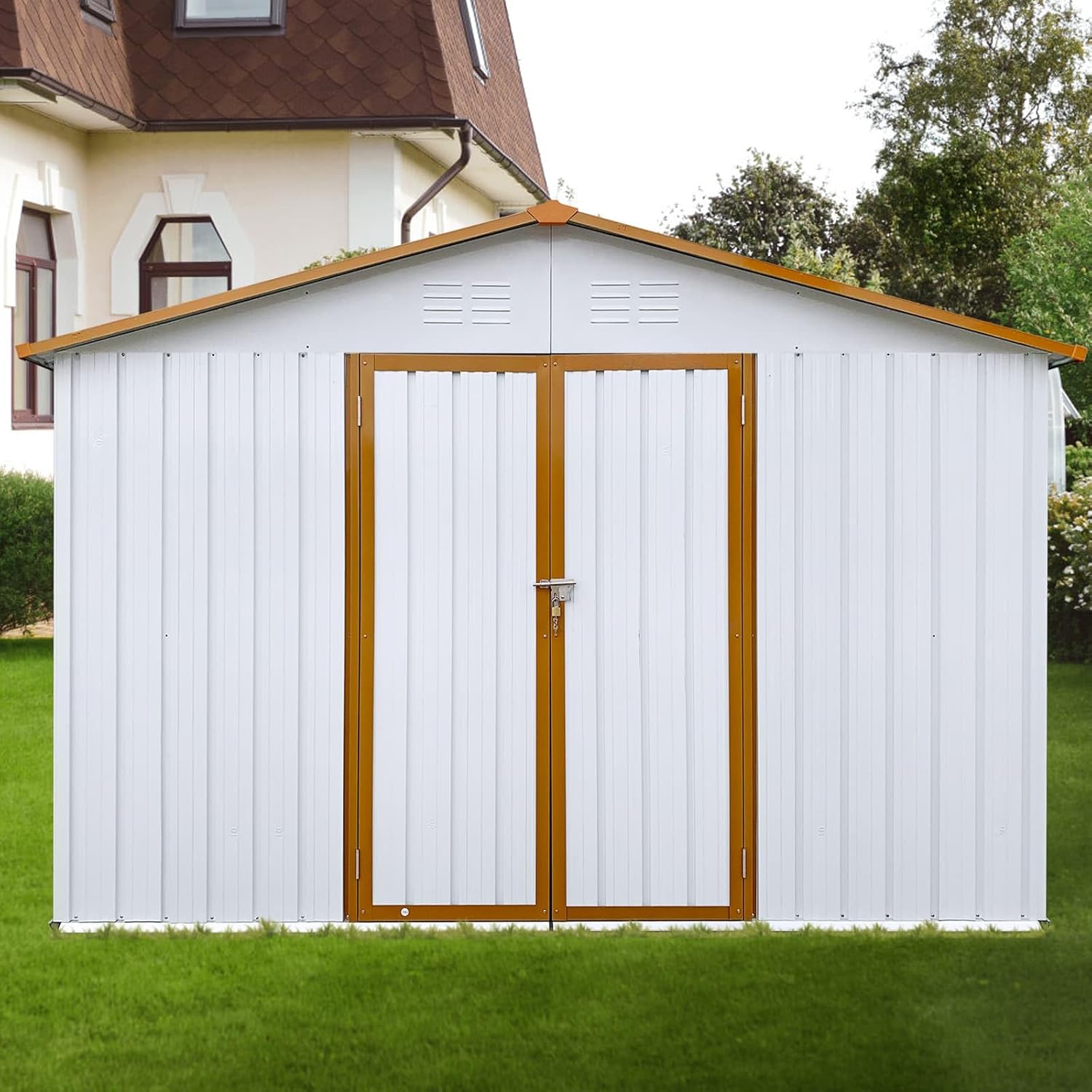ZeHuoGe 10 X 12 FT Outdoor Storage Shed with Shutter Vent,Large Storage Shed, Heavy Duty Storage House,Garden Tool Shed for Backyard Garden Patio Law (White+Yellow)