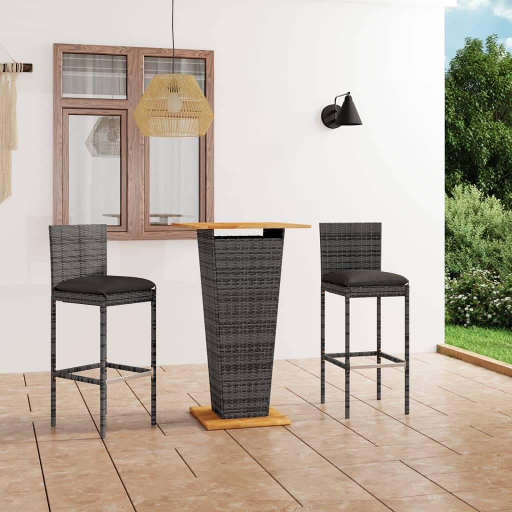 3 Piece Patio Bar Set with Cushions Poly Rattan Gray,Patio Garden Bar Set: Durable Rattan Table & Comfortable Cushioned Stools for Outdoor Relaxation Patio Furniture Sets, Outdoor Furniture Sets