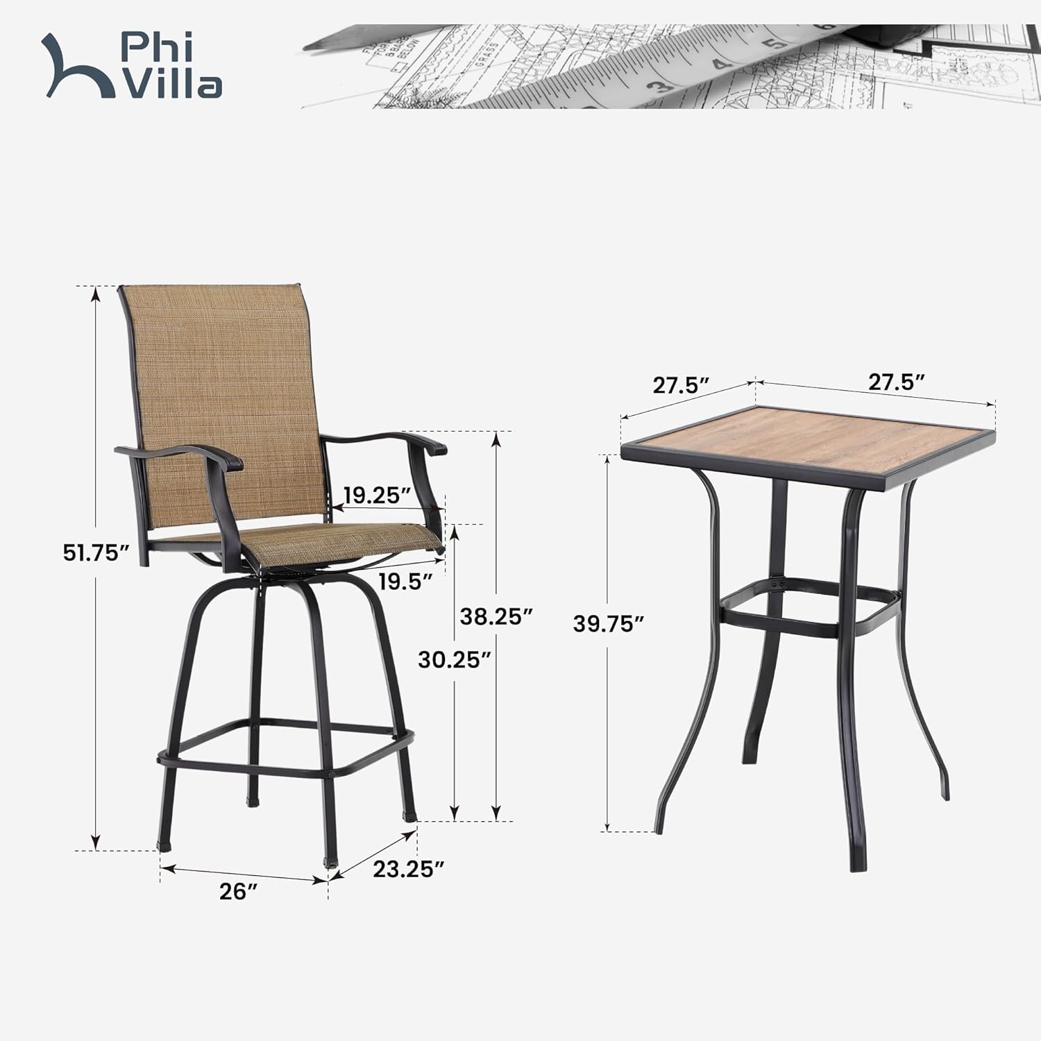 PHI VILLA Outdoor Patio Swivel Bar Set of 11, Textilene Bar Height Chair with Armrest and Wood Like Bar Table, All-Weather Furniture Set for Garden Lawn