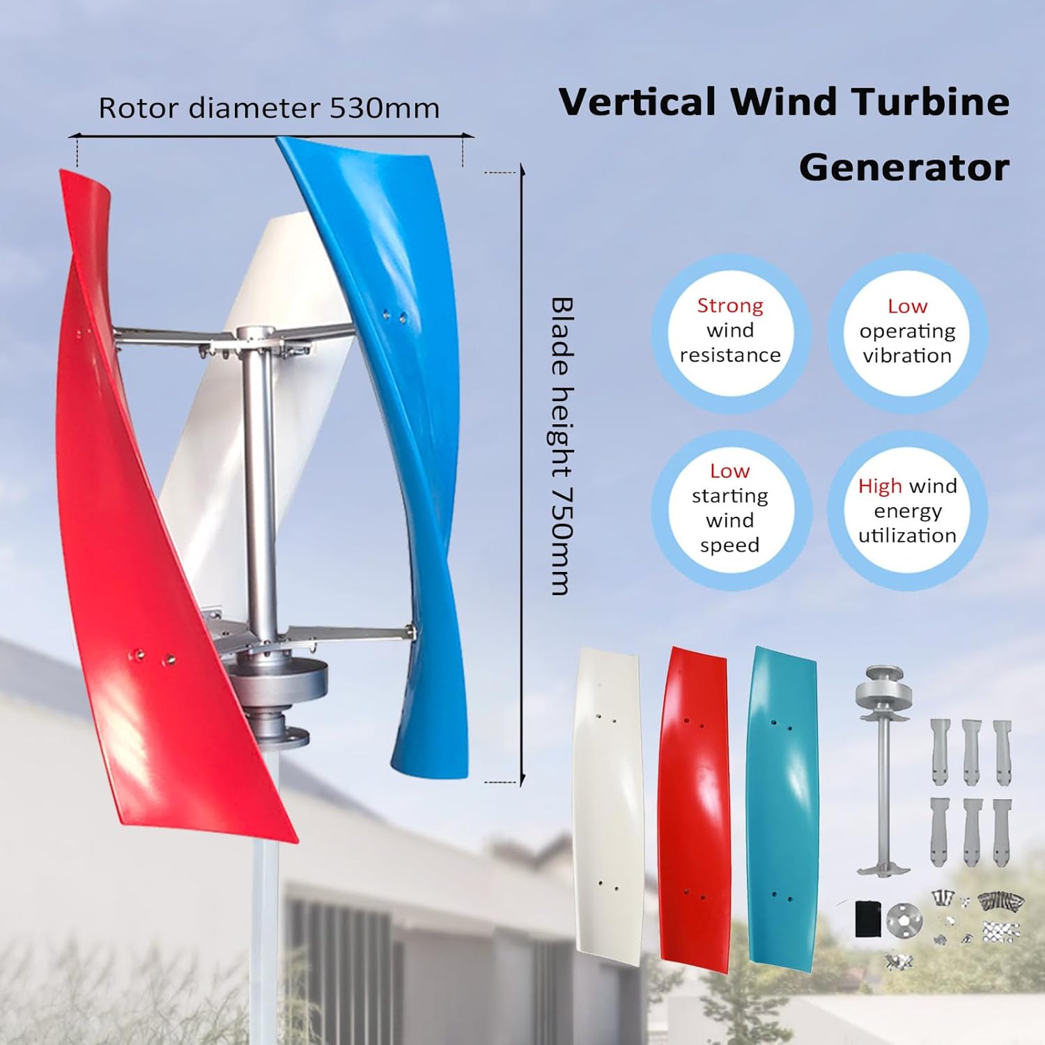 Wind Turbine Generator Kit 6000W 12V 24V Portable Vertical Wind Power Turbine Generator 3 Blade with Charge Controller for Marine RV Home Industrial,Multi-12V