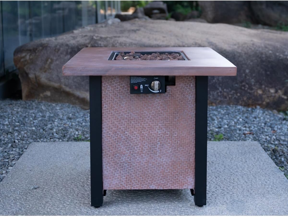 25-inch Square Outdoor Propane Fire Pit Table, 50,000 BTU Dark Pink Rattan Weave Design, High-Temp Resistant Fiberglass & Iron Patio Heater with Cover for Garden, Deck