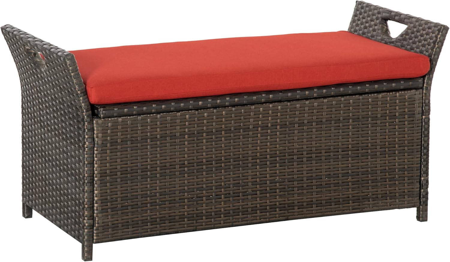 Outdoor Rattan Wicker Storage Bench with Cushion, Patio Storage Deck Box for Outdoor Furniture Cushions, Garden Tools (Red)