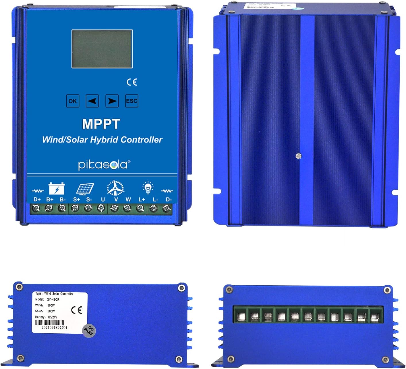 PIKASOLA 1400W Off Grid with Unloader Hybrid Wind Solar Controller Auto 12/24V Battery MPPT Charge Boost Float of max 800w Wind Turbine Generator 600w Solar Panel Home Street Light Controller