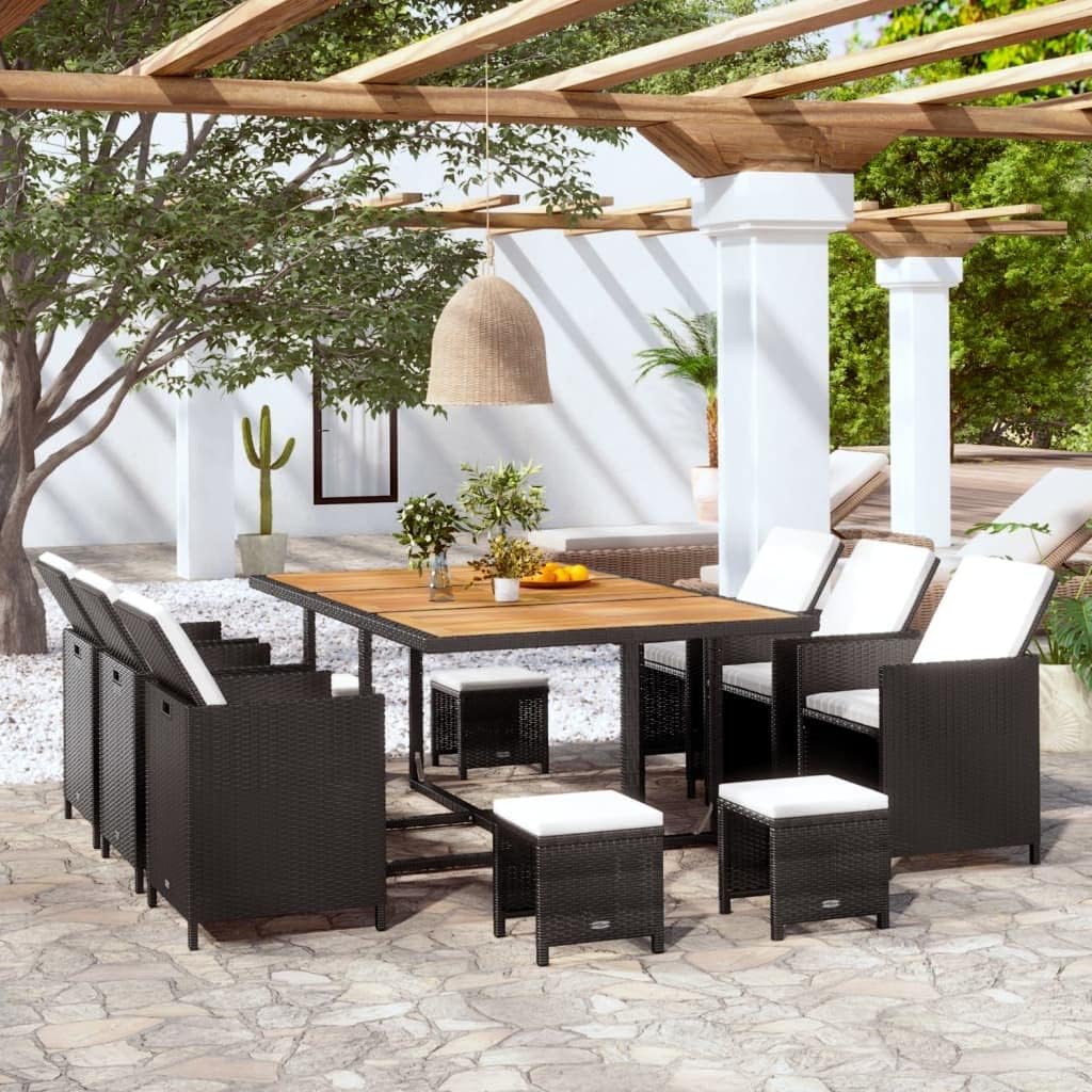 Rectangular Outdoor Dining Table Set, Black Powder-Coated Steel Frame, Cream White Cushions, Acacia Wood, Seats 10, Patio Furniture for Garden