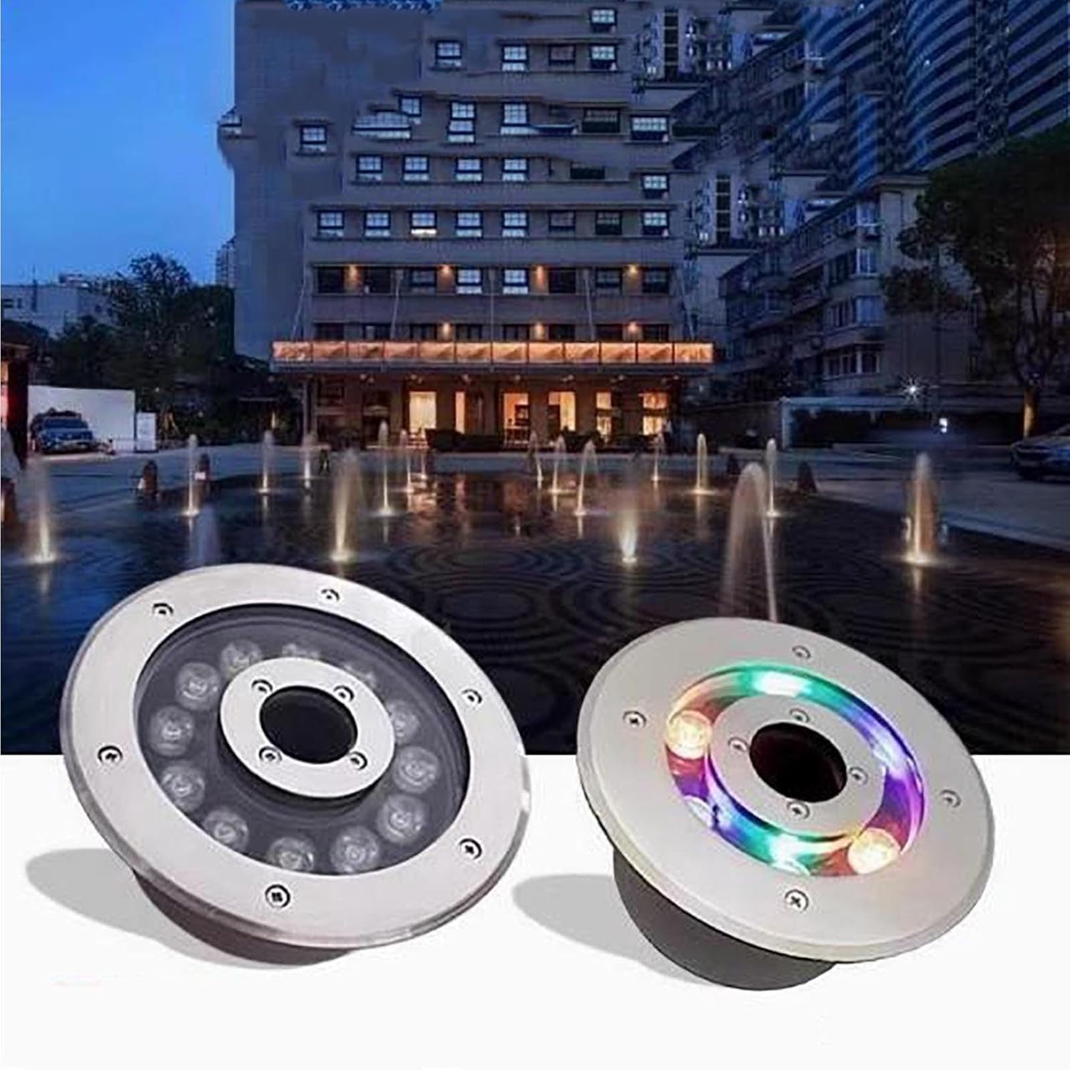 RGB Recessed Fountain Lights - Landscape Lights, 12V LED Underwater Ring Fountain Lights, IP68 Waterproof Low Voltage Middle Hole Color Changes Submersible Lights, Pond Spotlight(Yellow,24W)