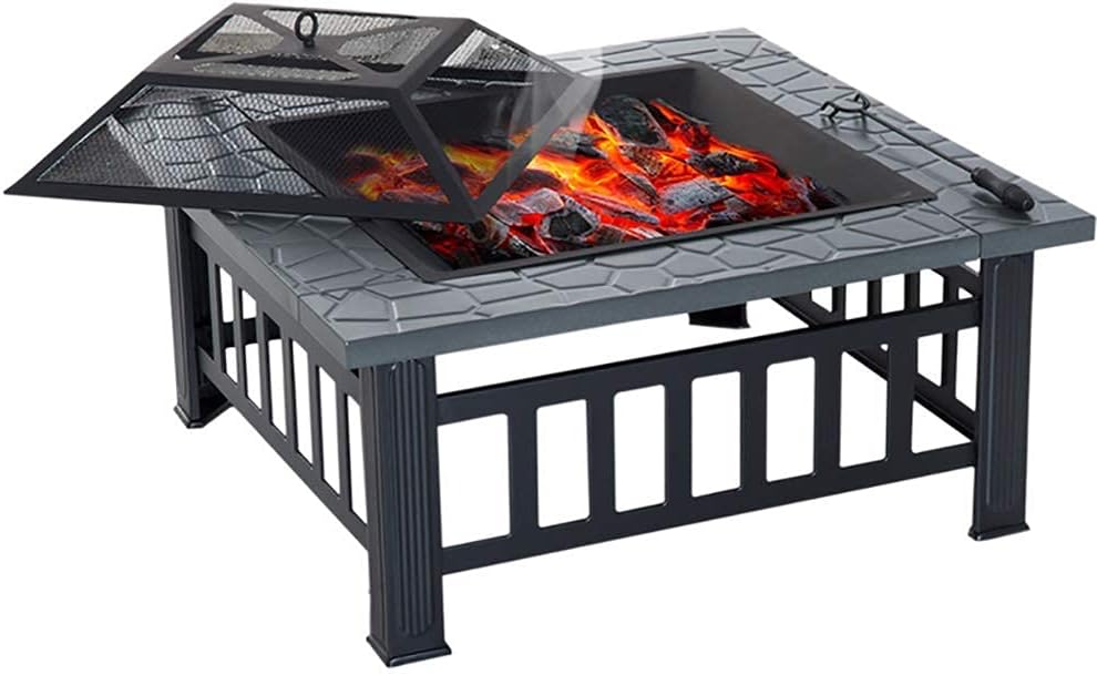 Outdoor Party BBQ Fire Pit with Grill Shelf for Garden and Patio, Outdoor Metal Brazier Square Table Garden Patio Heater 3 in 1 Outdoor Fire Pit Square,