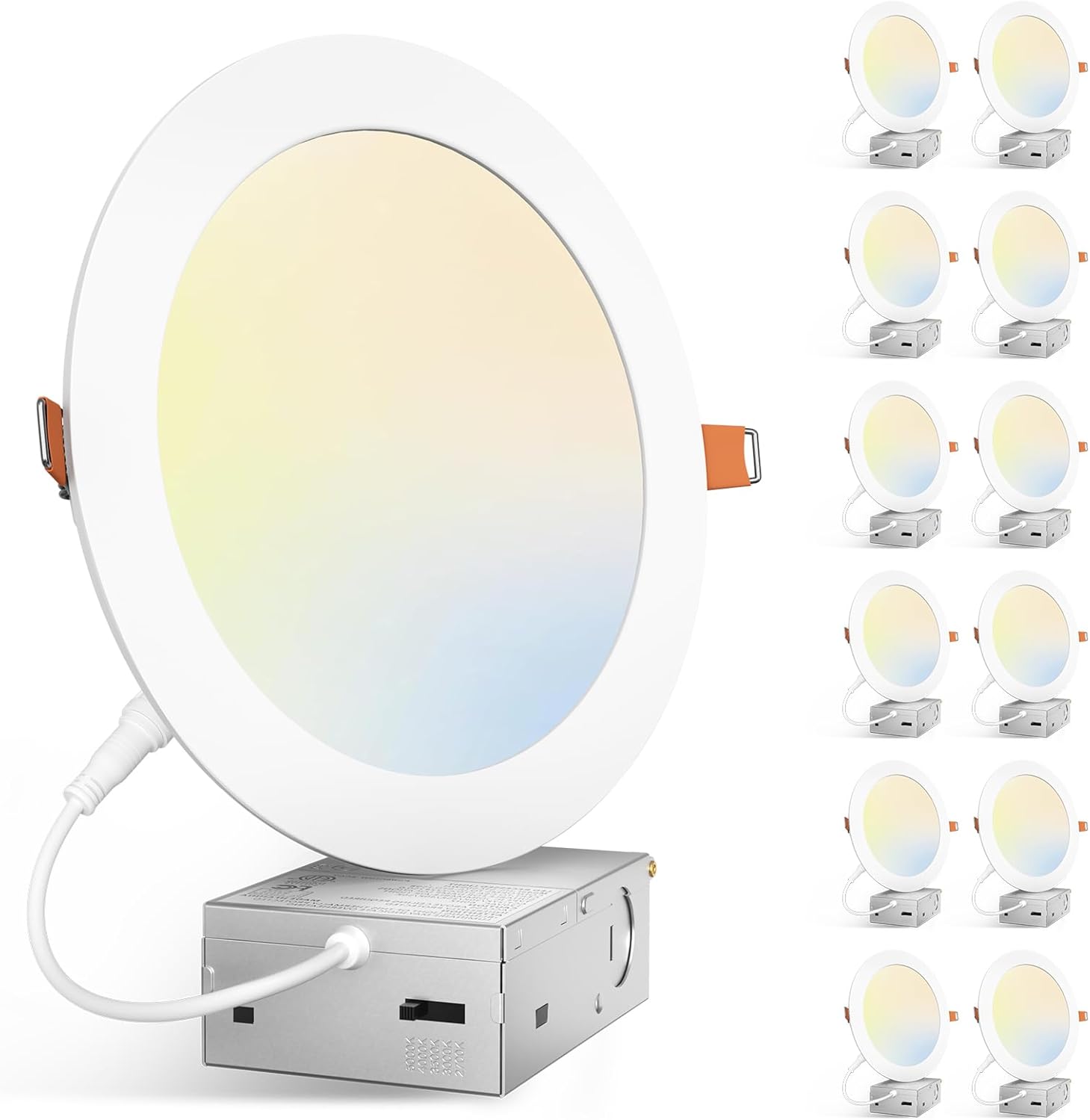 Amico 12 Pack 7 Inch 5CCT Ultra-Thin LED Canless Recessed Ceiling Light with Junction Box, 2700K/3000K/3500K/4000K/5000K Selectable, 15W=100W, 1300LM High Brightness, Dimmable Wafer Downlight, ETL&FCC