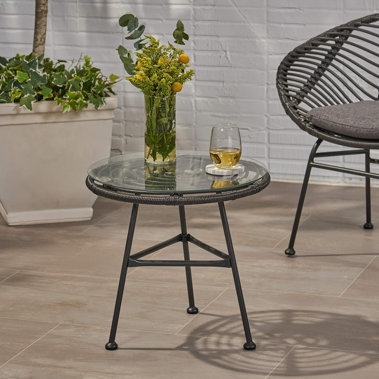 Great Deal Furniture Noble House Orlando Outdoor Glass Top Faux Rattan Side Table in Gray