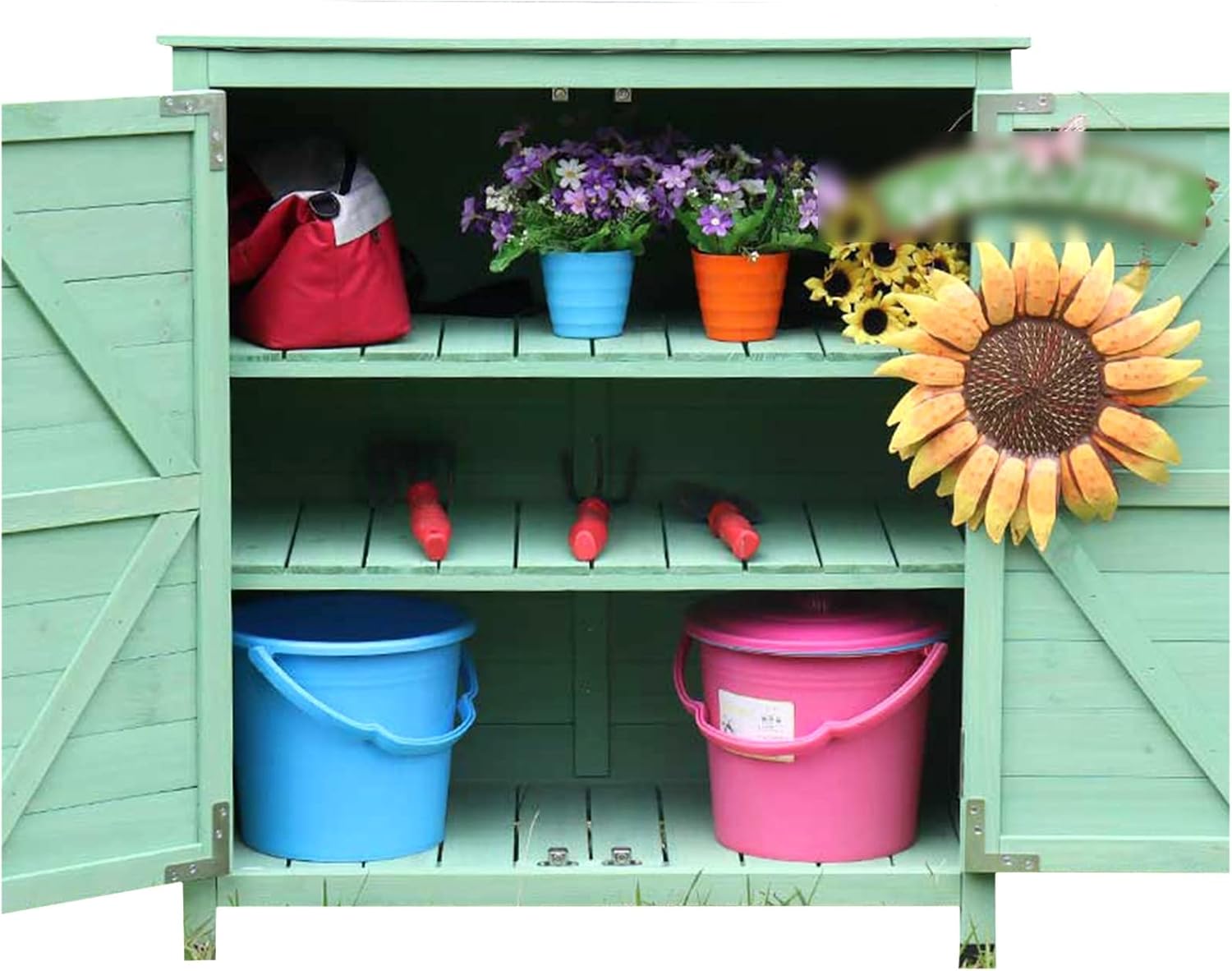 Wooden Outdoor Tool Shed with Waterproof Roof, Garden Storage Cabinet with Heighten Feet, Small Outside Garden House with 3 Layers, for Backyard, Lawn,C