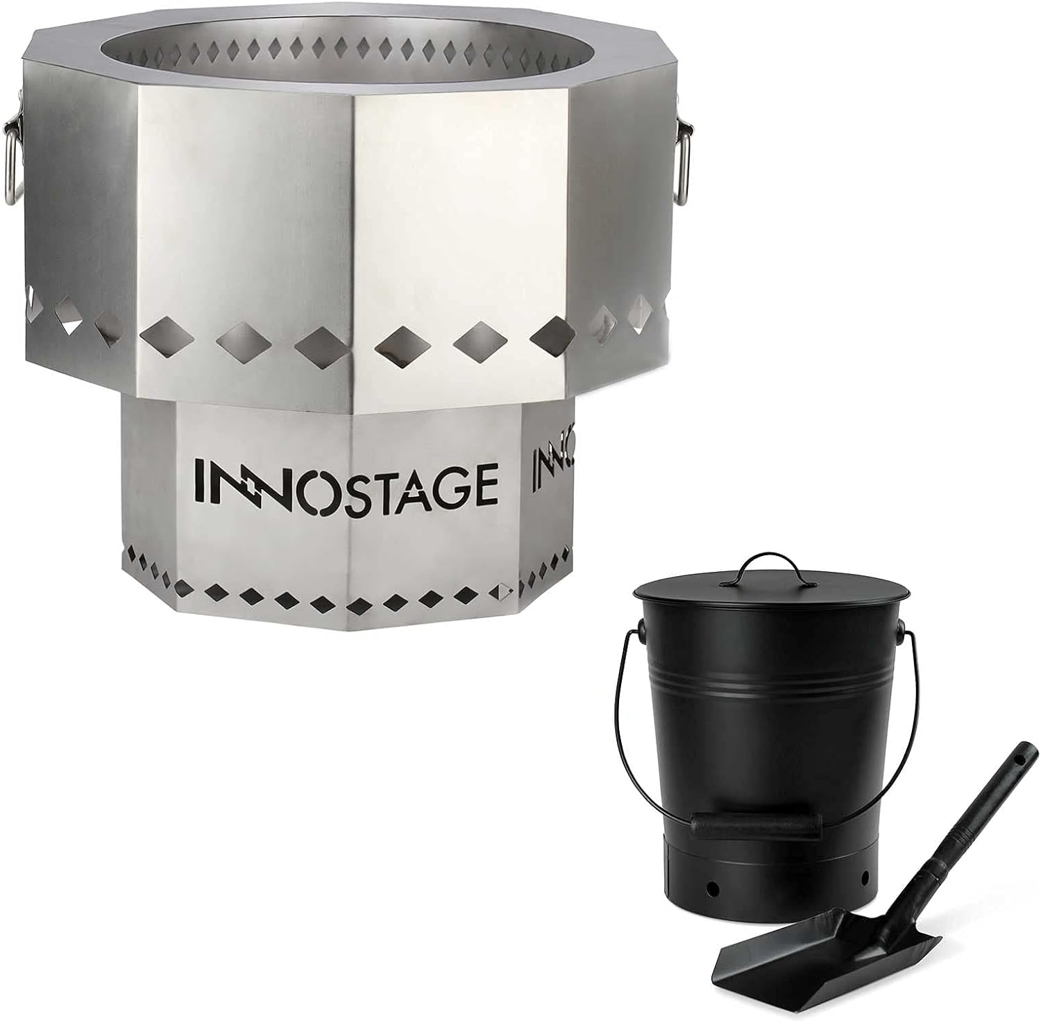 Patented Stainless Bonfire Fire Pit with Portable Carrying Storage Bag and Ash Bucket with Lid and Wood Handle Coal Shovel