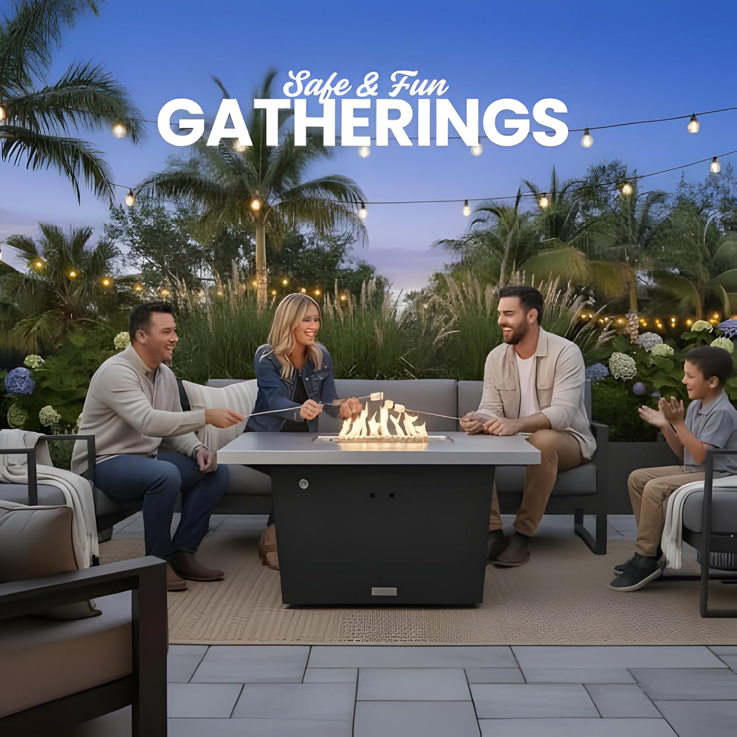 COOKE Palisades Rectangular Fire Pit Table - 52x36 - Chat Height - Natural Gas - Brushed Aluminum Top with 3cm Edge - Black Powdercoat Base