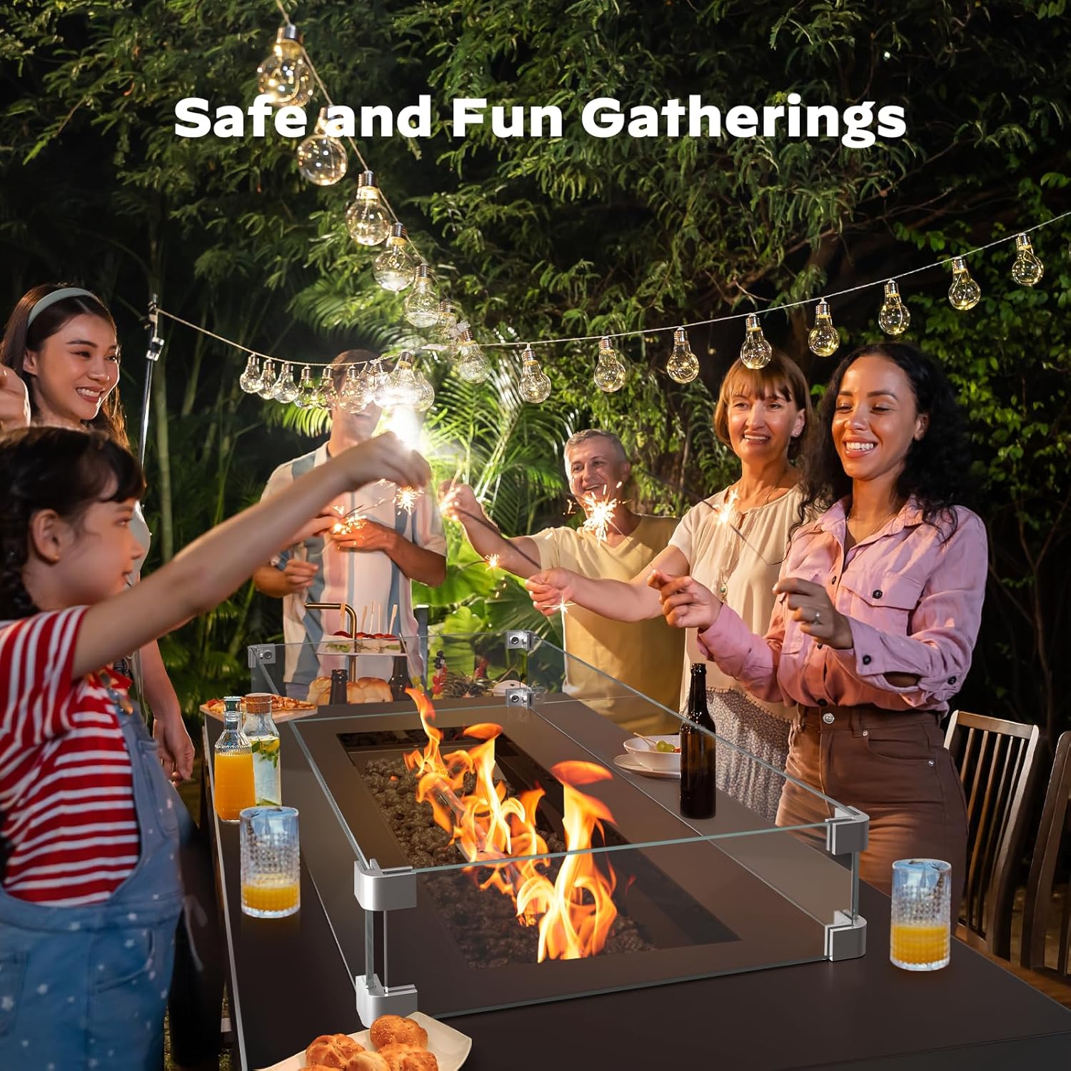 Ciays 42 Inch Gas Fire Pit Table, 60,000 BTU Propane Fire Pits for Outside with Glass Wind Guard, Steel Lid,Lava Rock, 2 in 1 Fire Pit Table Gatherings Parties on Patio Deck Garden, Ebony