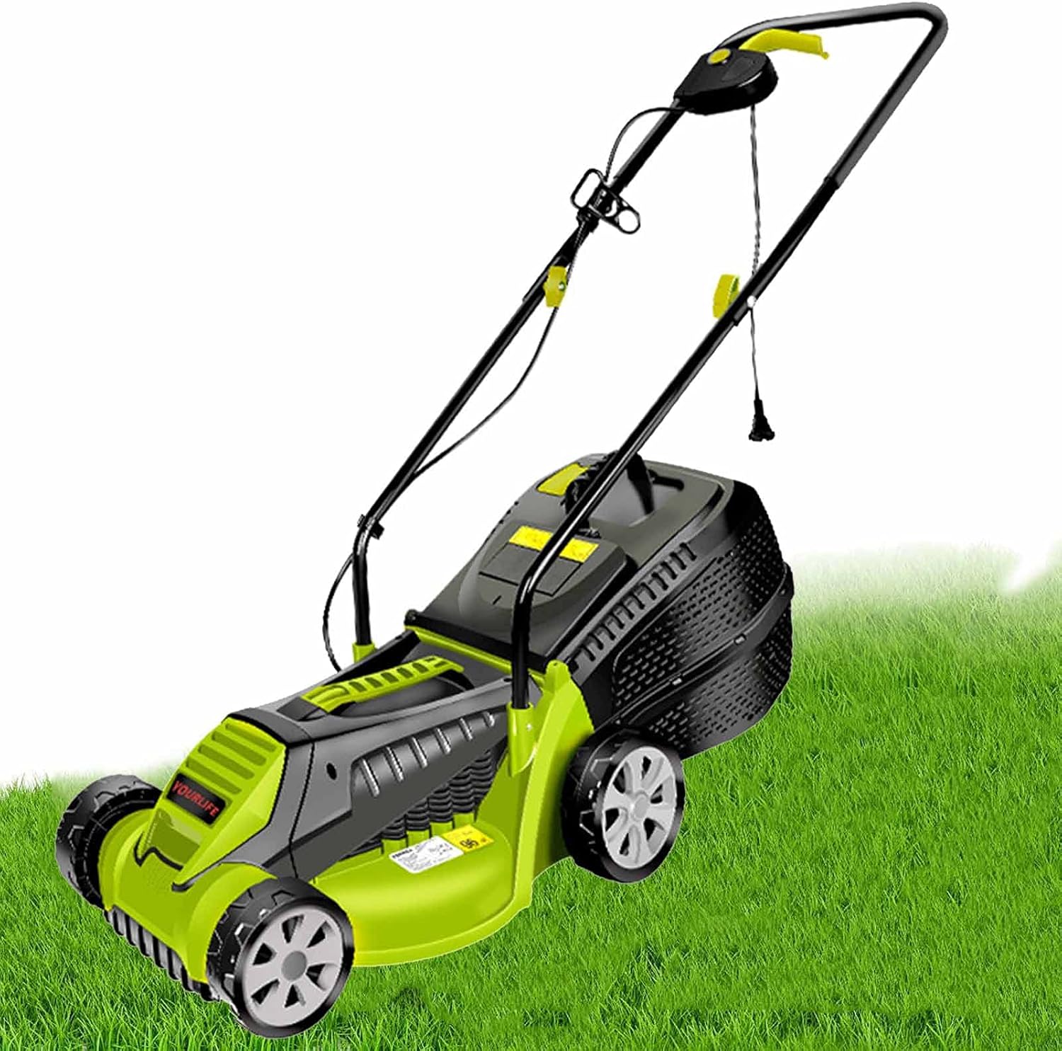 Corded Electric Dethatcher, 13-Inch Push Lawn Sweeper, Strong Rubber Wheels & Adjustable Mowing Height, Lightweight Walk-Behind Lawn Mower Clear, Gree