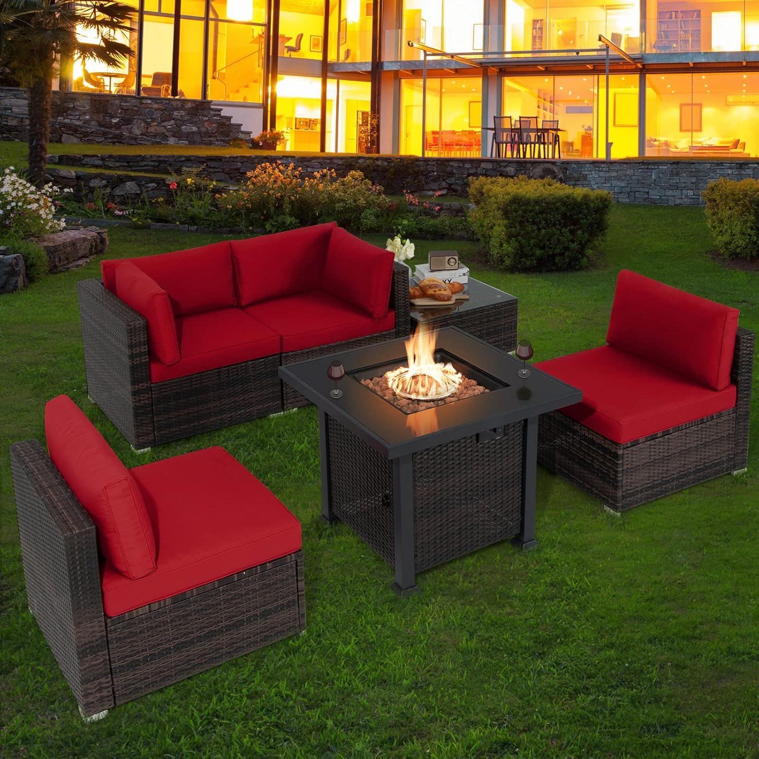 Tangkula 6 Piece Patio Wicker Conversation Set, Outdoor Rattan Sofa Set w/32” Propane Fire Pit Table, 50,000 BTU Heat, Tempered Glass Tabletop, Fire Pit Protective Cover Included (Red)