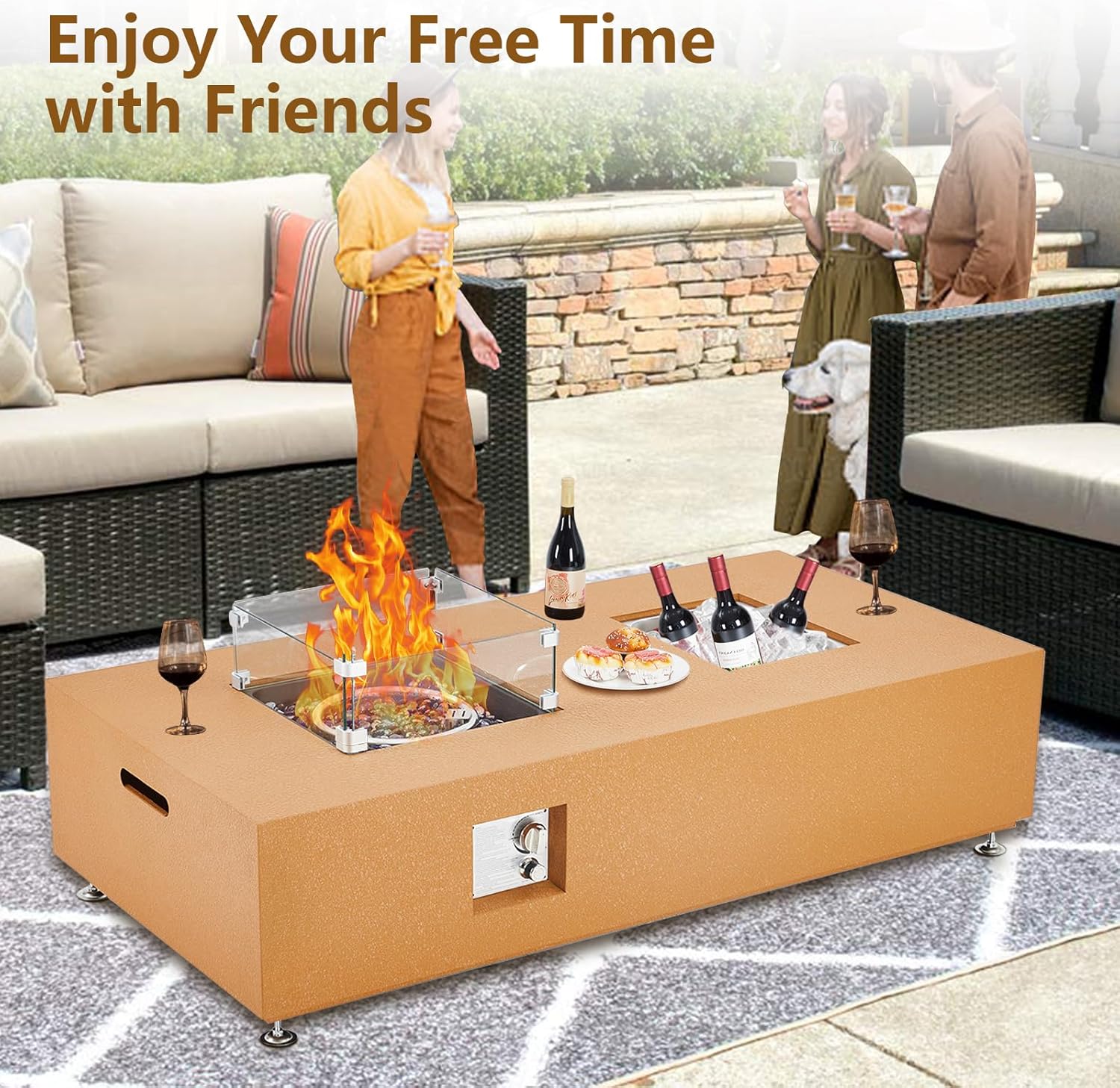 Outdoor Fire Table - 56 inch 50,000 BTU Glass Wind Guard, Lava Rocks, 13