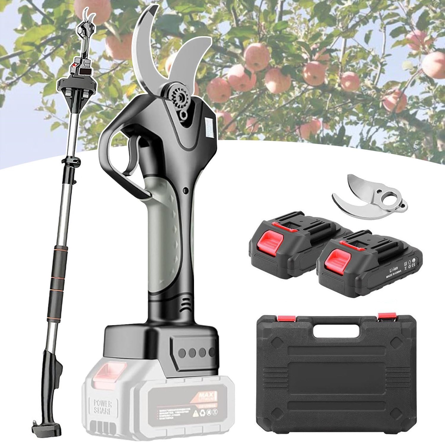 Electric Pruning Shears, Portable Cordless Scissors with 2×Rechargeable Battery, Telescopic Pole and Blades, Cutting Diameter 50mm, for Garden, Tree, Branch Pruners