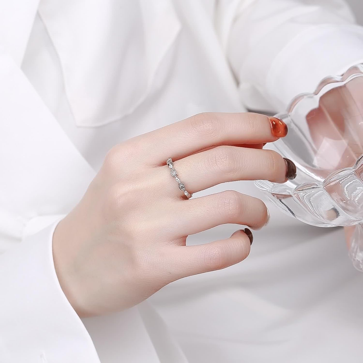 18K White Gold Engagement Ring, Women's Rings Lab Diamond Narrow Silver Jewelry Gift for Wife