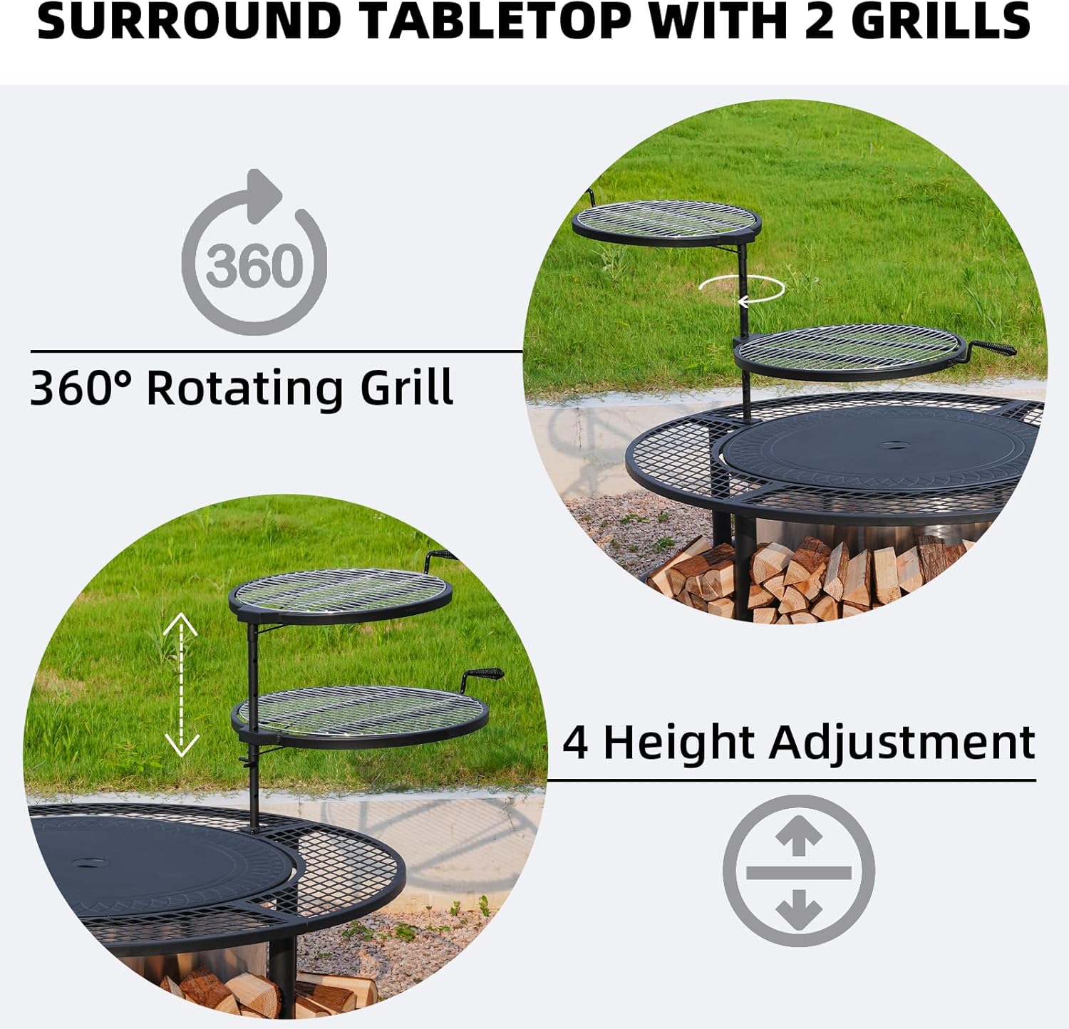 50 Inch Fire Pit Surround Tabletop for Smokeless Fire Pit, Outdoor Surround Table with 2 Grill Grates and Firewood Storage Shelf, Protective Barrier for Safety & Extra Space (Stove not Included)