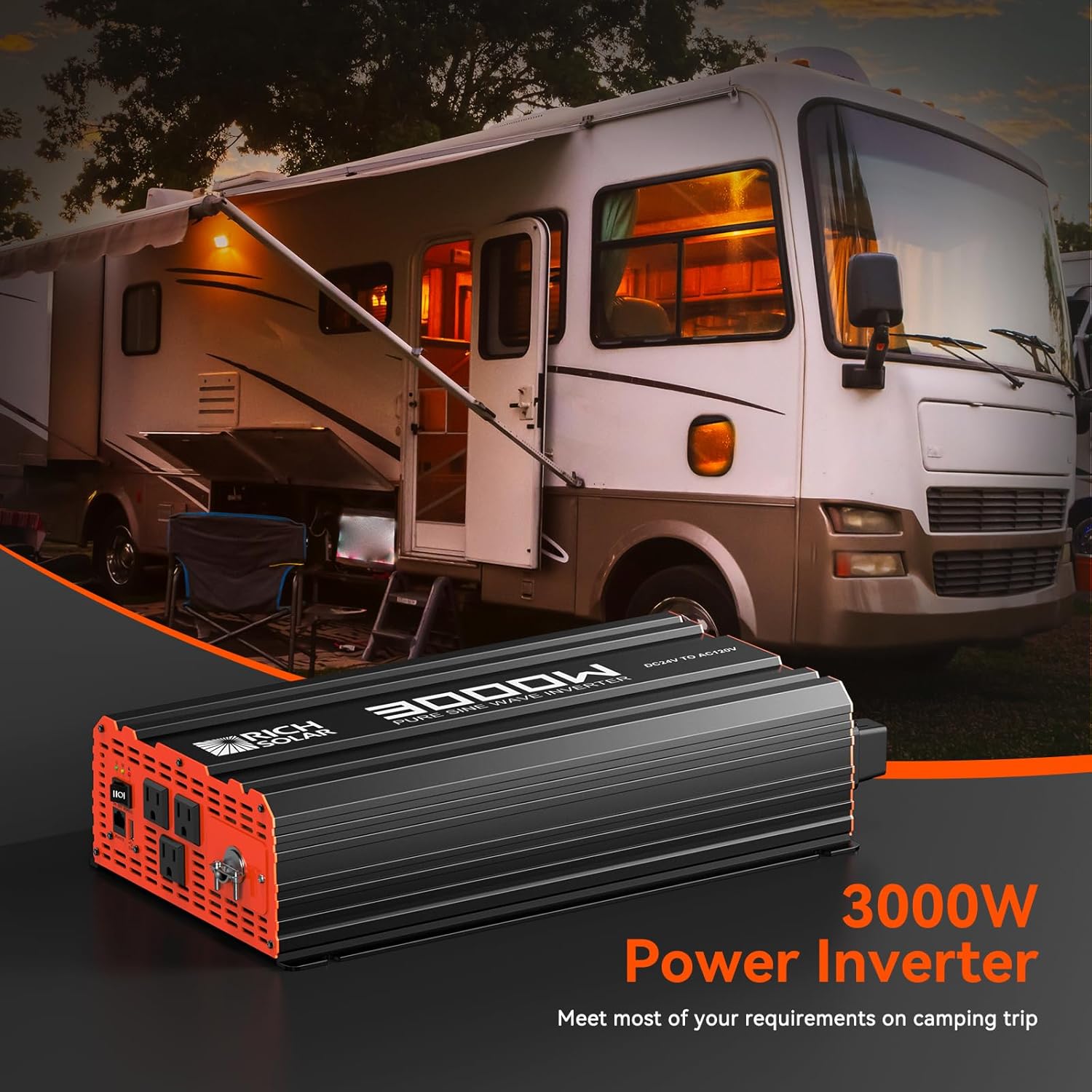 RICH SOLAR 3000 Watt 24 Volt Industrial Pure Sine Wave Inverter 24V DC to 120V AC Converter for RV Trailer Marine Off Grid Home