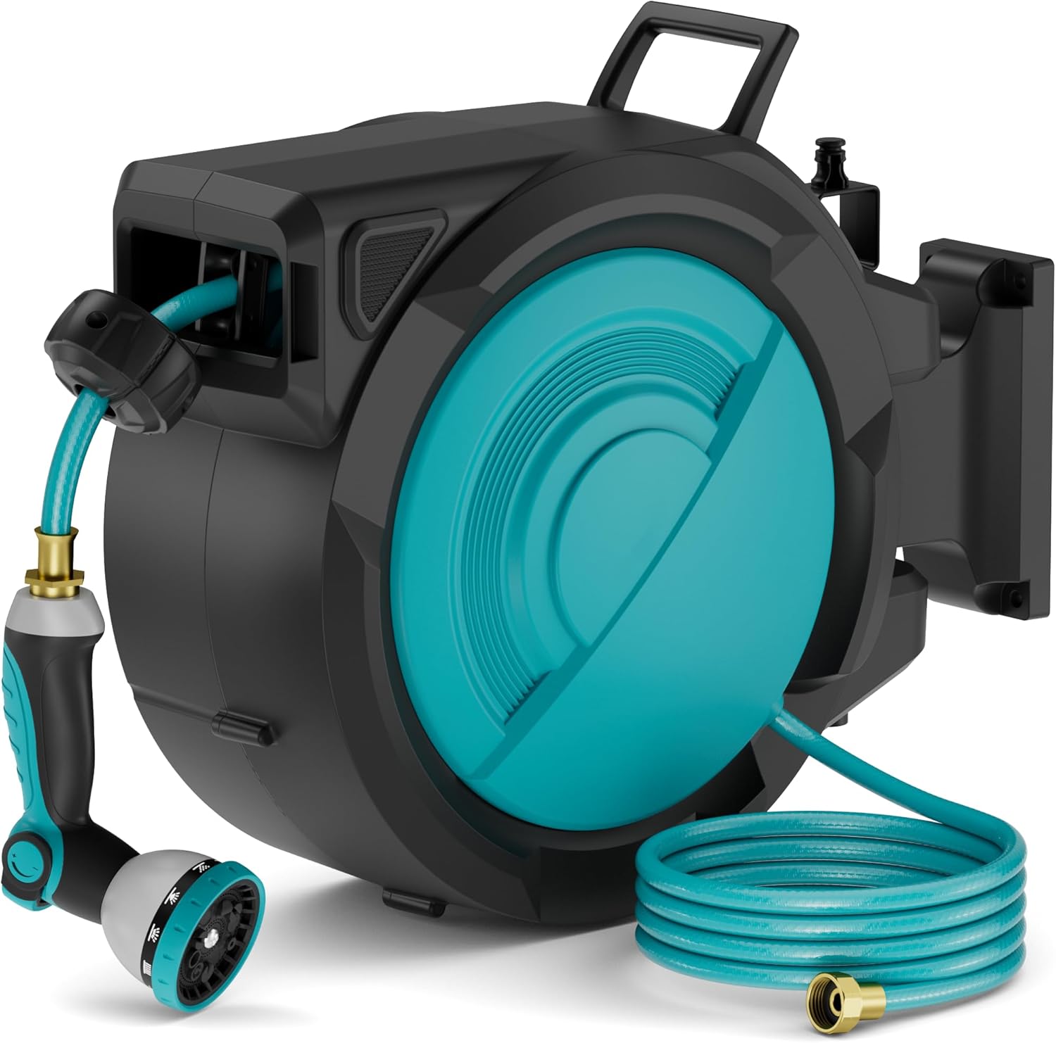 Retractable Garden Hose Reel 1/2 Inch x 100 ft, Heavy Duty Hose Reel Wall Mounted, Any Length Lock, Water Hose Reels 3/4 in Brass Fitting 10 Pattern, Auto Rewind System with 180° Swivel Bracket