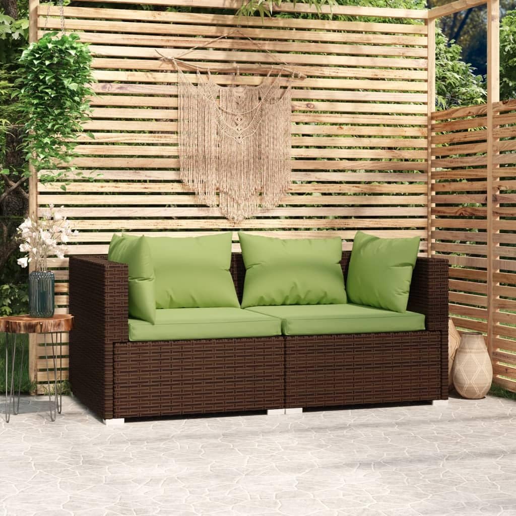 Patio Loveseat with Cushions Brown Poly Rattan,2Seater Patio Sofa Set with Modular Design and Comfortable Green Cushions Patio Furniture Sets, Outdoor Furniture Sets