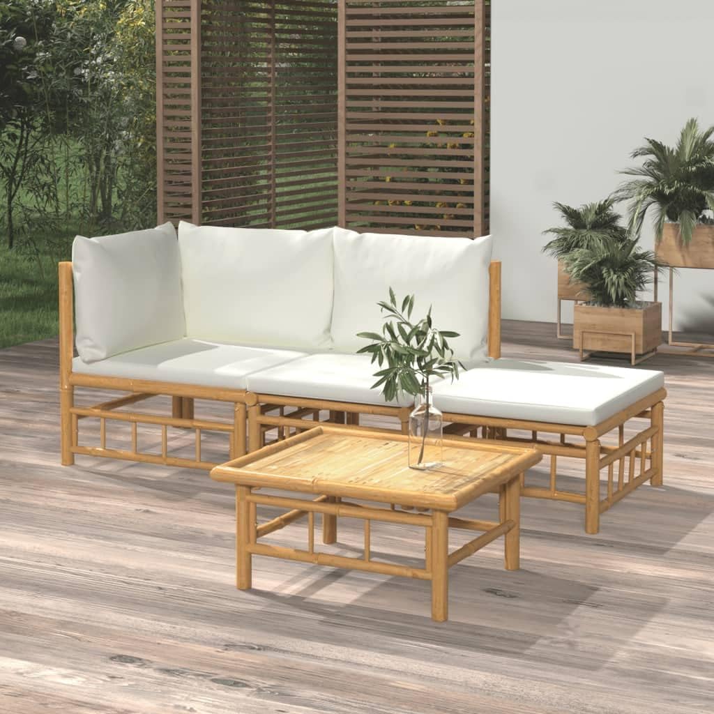 4 Piece Patio Lounge Set with Cream White Cushions Bamboo,Bamboo Patio Lounge Set with Comfortable Cushions and Modular Design for Outdoor or Indoor Use Outdoor Furniture Sets, Patio Furniture