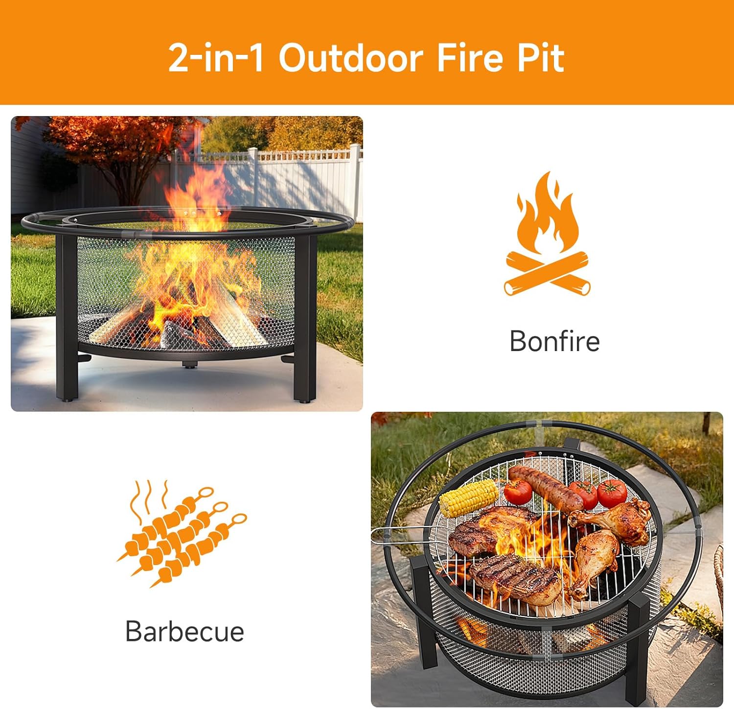 ONBRILL 2-in-1 32 Inch Fire Pit with Cooking Grill, Outdoor Wood Burning Firepit with Poker for BBQ, Bonfire, Picnic, Party, Round Metal Fire Pit for Outside, Backyard, Patio