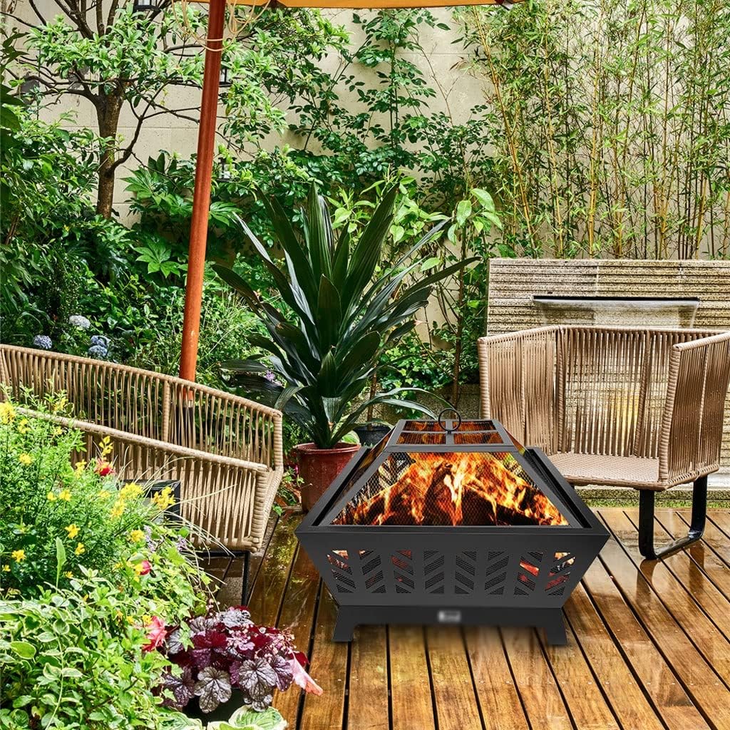 Outdoor Patio Wood Fire 4-Corner Pits 26 Inch Heater Stove with Flame-Retardant Spark Guard Black